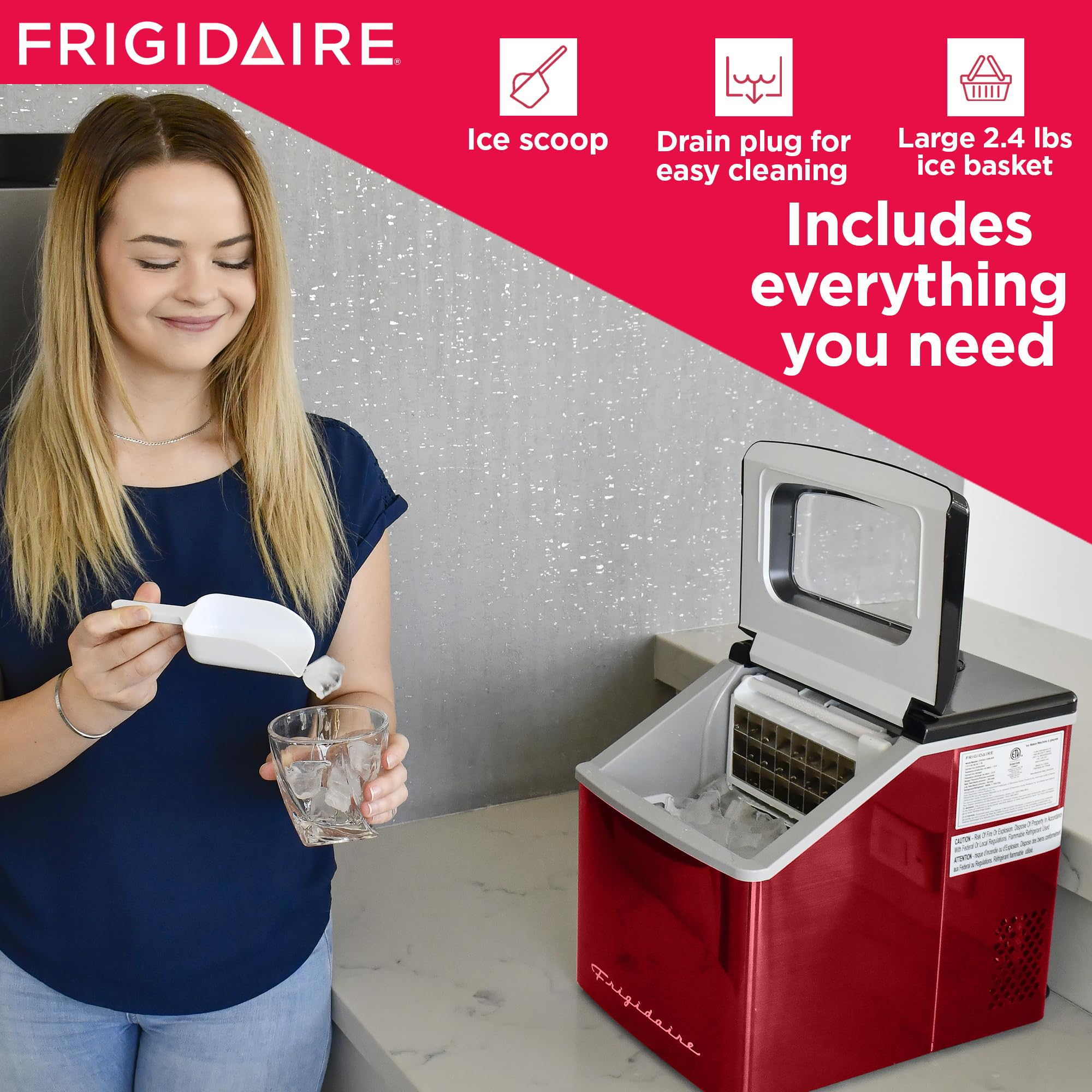 Frigidaire EFIC452-SSRED XL Commercial Ice Maker - 40 lbs. Daily Clear Square Ice Cubes, Stainless Steel & Red Finish - Perfect for Restaurants, Bars, and Home Entertaining