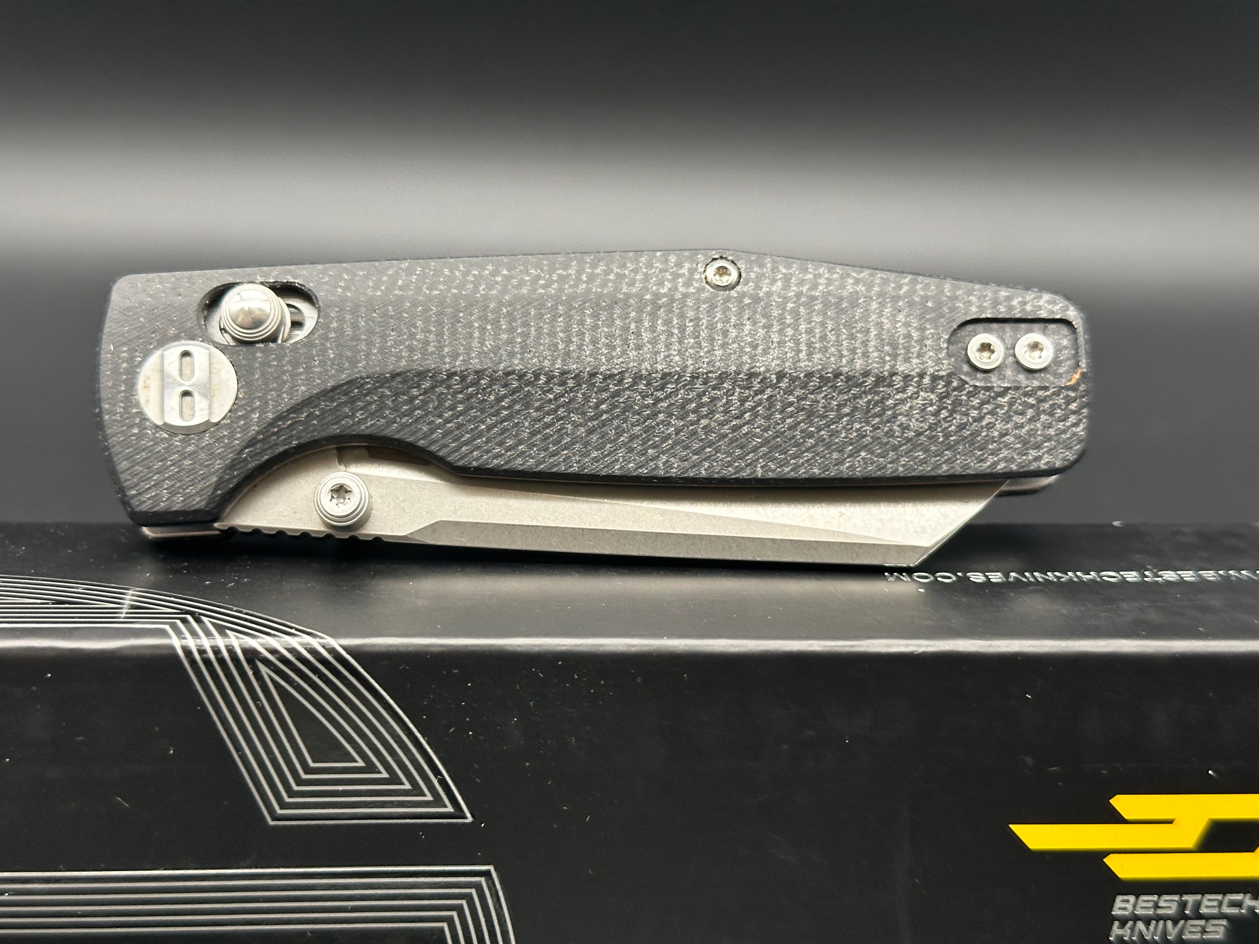 BESTECH SLASHER Folding Pocket Knife - D2 Steel Blade, Black Stonewash Finish, Micarta Handle - EDC, Camping, Hunting & Outdoor Survival Tool