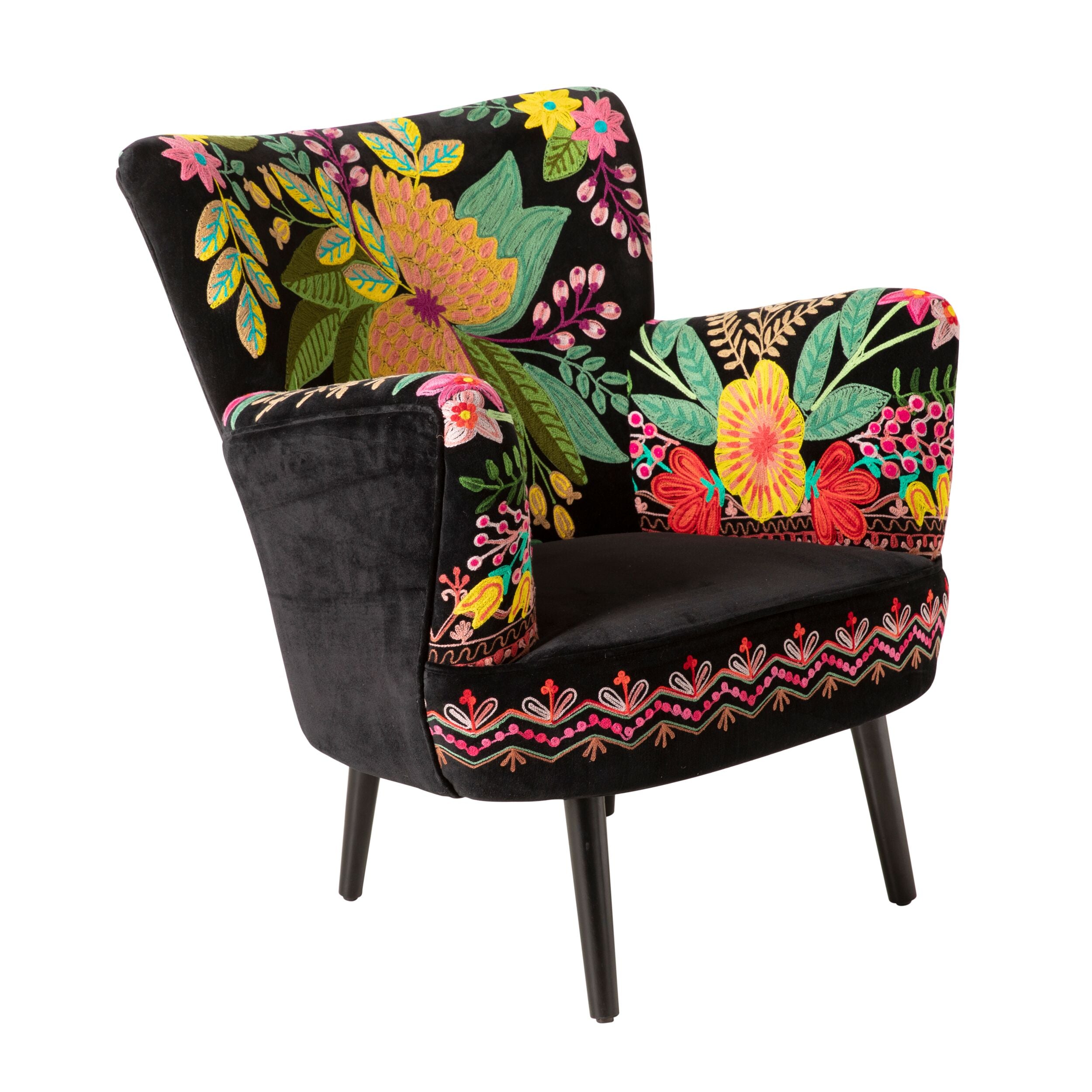 Elegant Black Blossom Embroidered Armchair - Modern Floral Accent Chair for Living Room, Bedroom & Office Decor