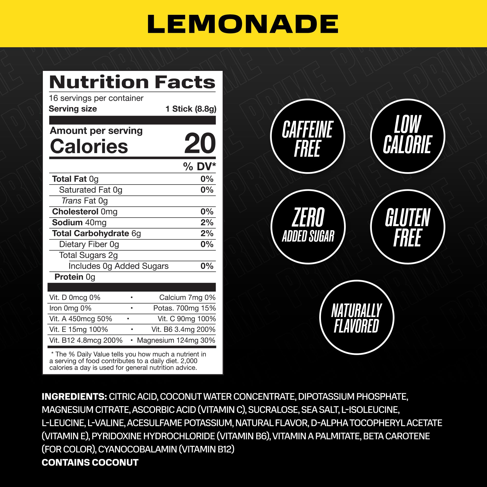 PRIME HYDRATION+ Sticks Lemonade | Electrolyte Powder Packets for On-The-Go Hydration | Low Sugar, Caffeine-Free & Vegan | 16 Single Serve Sticks | Perfect for Workouts, Travel & Outdoor Activities