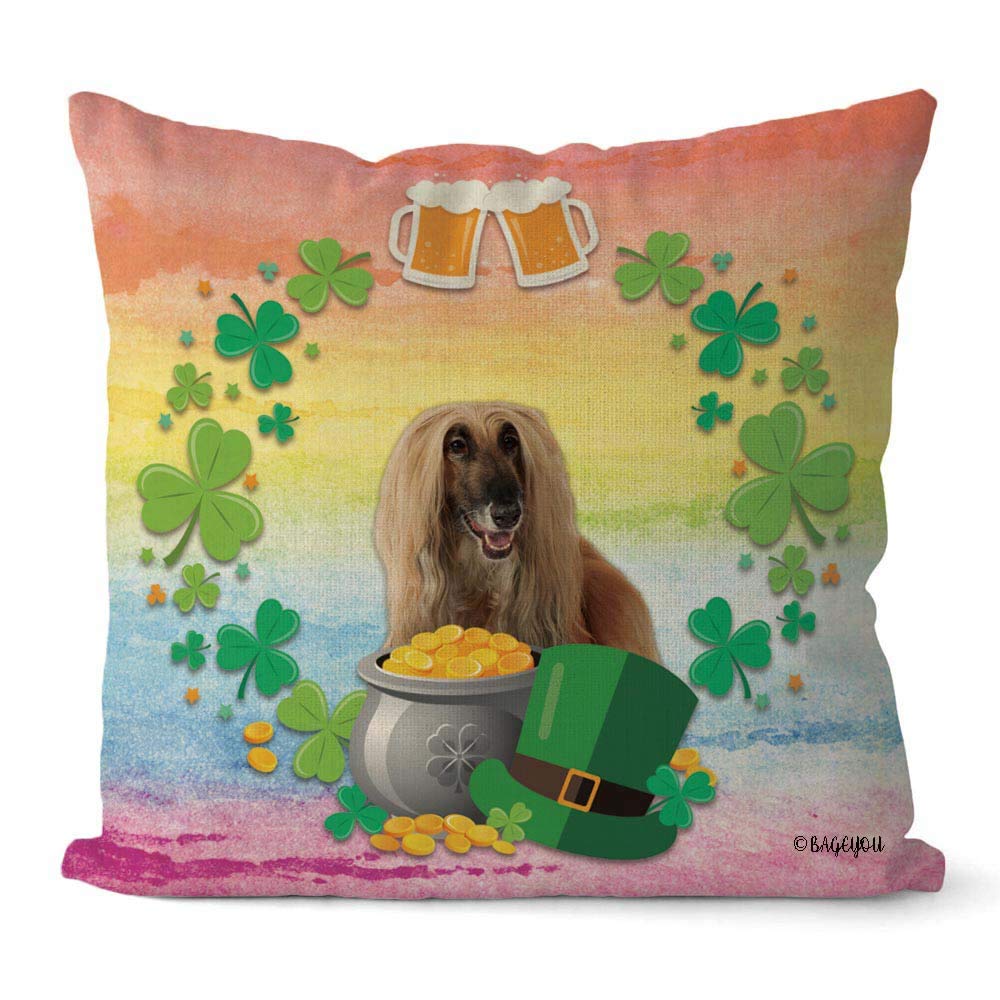 Happy St. Patrick's Day Shamrock Clover Dog Throw Pillow Cover - 18x18 Inch Square Cotton Linen Cushion Case with Leprechaun, Afghan Hound, Gold Pot & Beer Design - Perfect for Home Decor, Couch, Sofa & Seasonal Celebrations