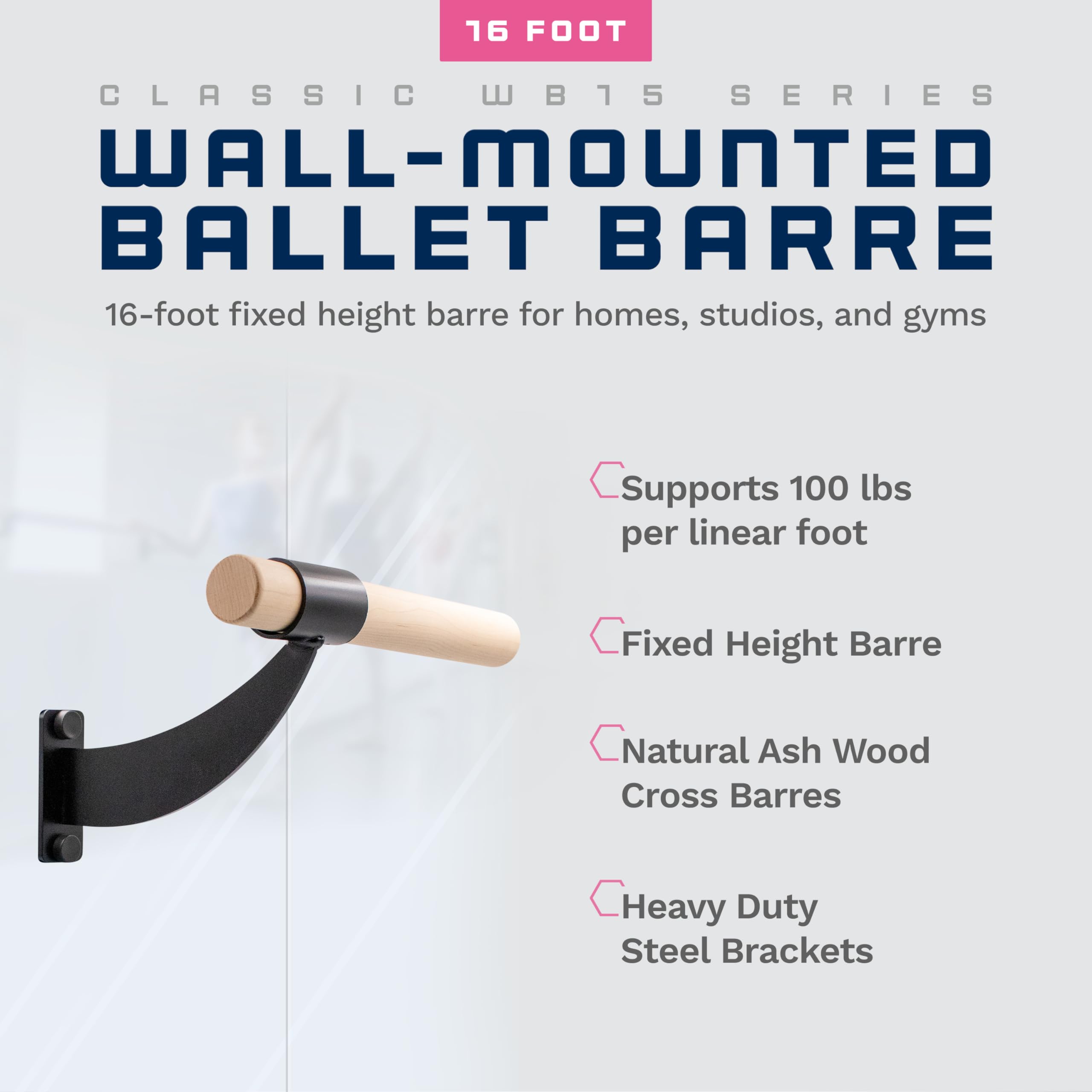 VITA Barre Wall-Mounted Ballet Barre - Classic WB15 Solid Wood Fixed Height Exercise Bar - Made in USA for Home, Studio & Gym - Perfect for Dance, Fitness, Pilates & Yoga Training for Kids & Adults - Ideal for Ballet Practice, Stretching & Strength Workouts