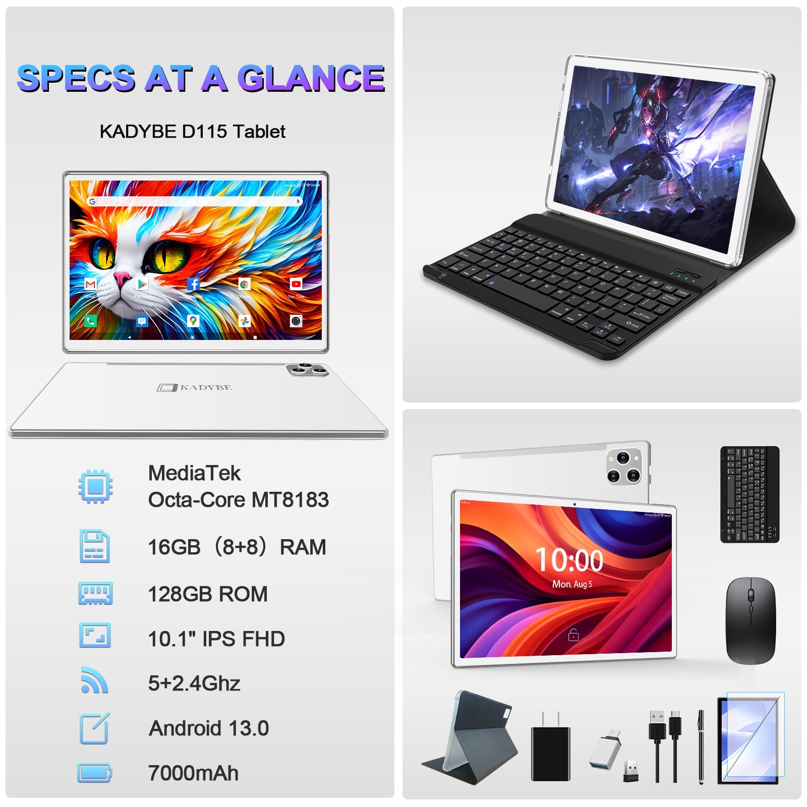 2025 Latest 10 Inch Android 13 Tablet - 128GB ROM + 16GB RAM (8+8 Virtual), 2-in-1 Laptop with Keyboard, Octa-Core Processor & 13MP Camera, 1TB Expandable Storage, FHD IPS Display - Perfect for Work, Study & Entertainment