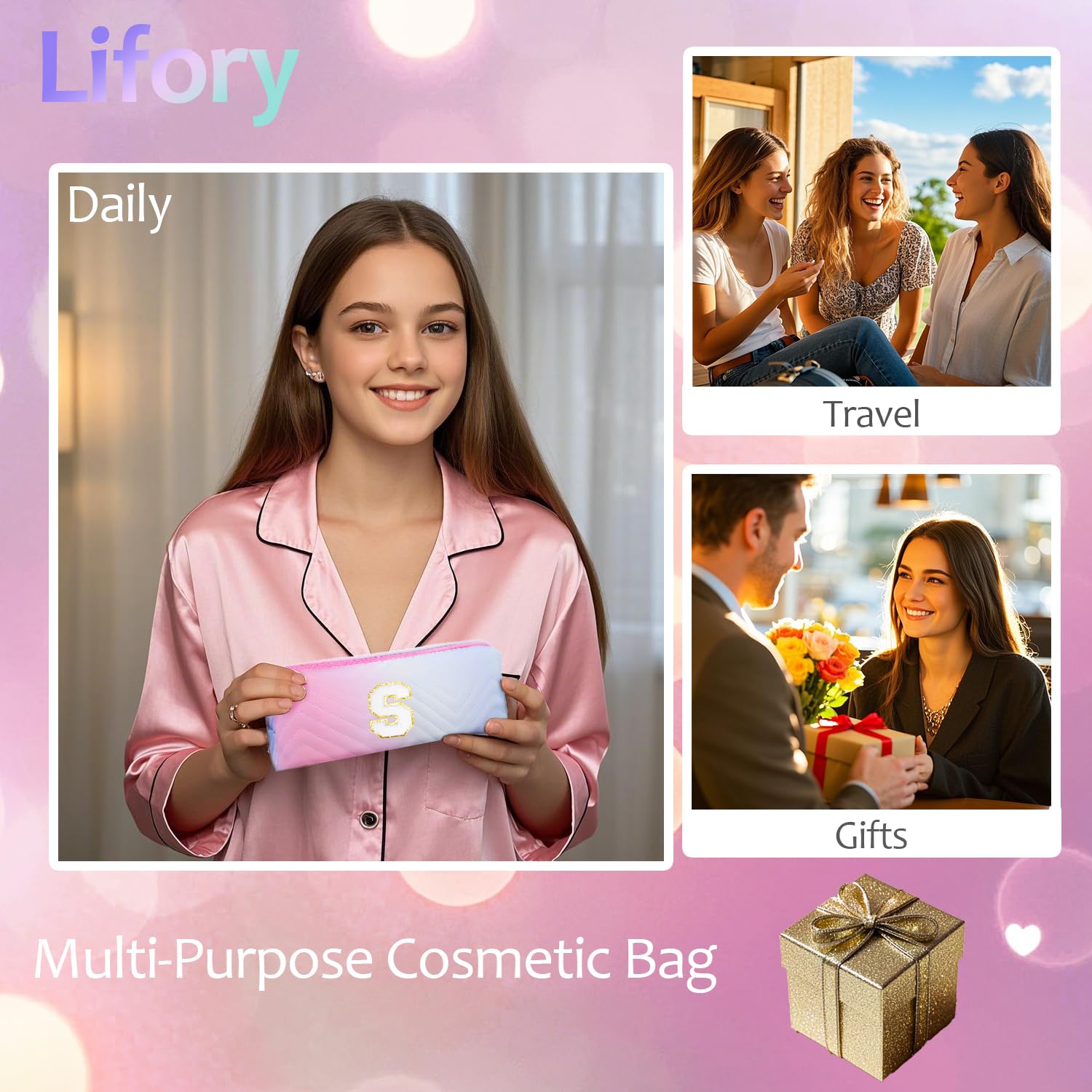 2-Pack Quilted Makeup Bag Set - Large & Small Cosmetic Organizer with Zipper Closure - Perfect for Travel, Toiletries & Purse Organization - Cute Personalized Initial Gift for Women, Teens & Girls (Pink) - Ideal for Daily Makeup Storage, Gym Essentials & Weekend Getaways