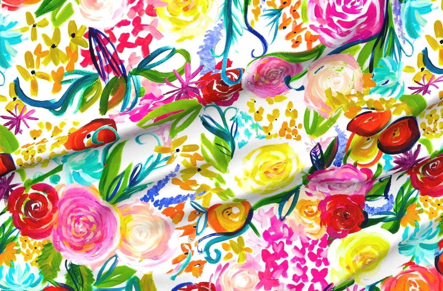 Vibrant Neon Summer Floral Printed Denim Fabric by The Yard - Extra Large Colorful Painting Design for Spring Apparel, Home Decor & Upholstery | Perfect for DIY Dresses, Curtains & Throw Pillows
