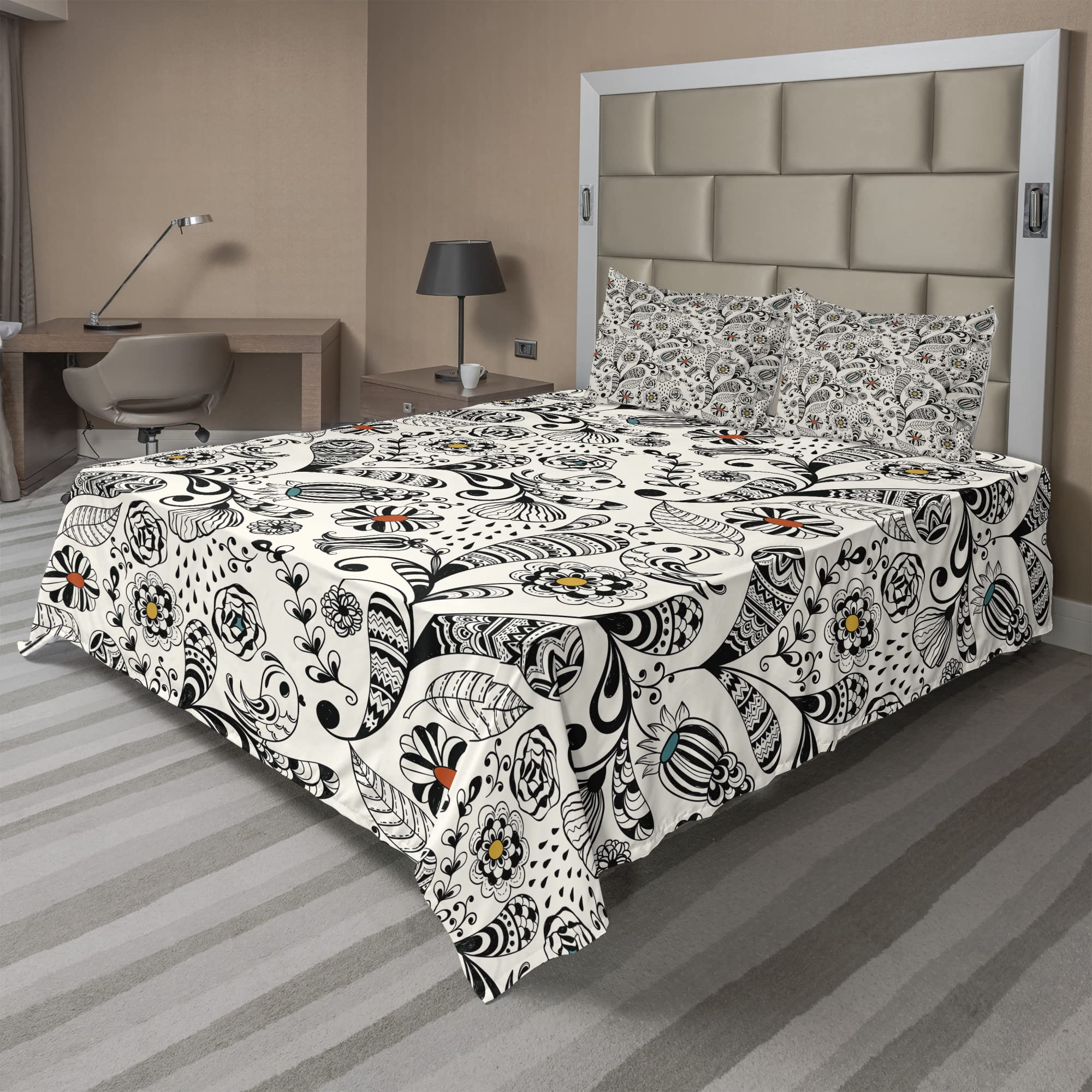 Ambesonne Floral Sheet Set - King Size 4-Piece Bedding with Spring Foliage & Persian Inspired Design, Cream Grey - Perfect for Master Bedroom, Guest Room & Boho Home Decor