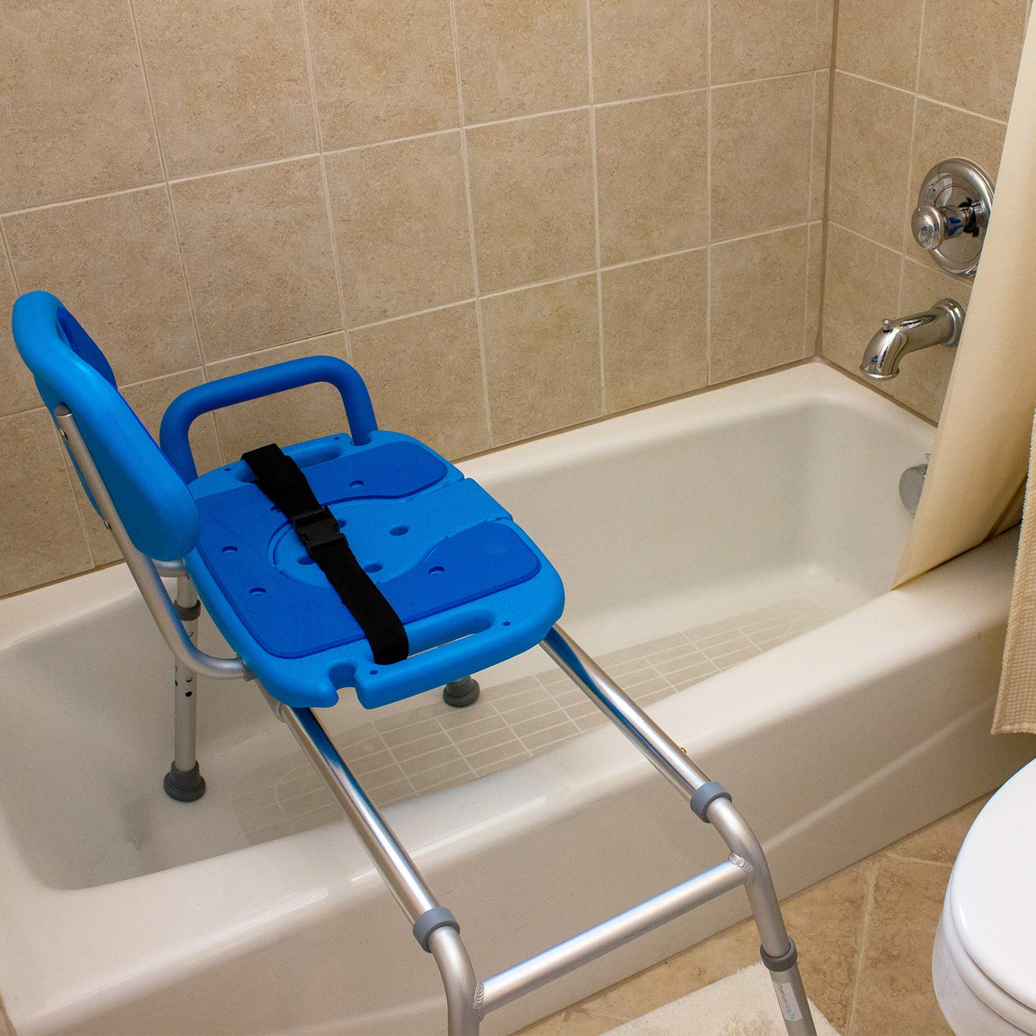 Platinum Health Sliding Shower Chair HydroGlyde Premium Heavy Duty - Padded Bathtub Transfer Bench with Cut-Out Seat, Adjustable Legs & Safety Belt | Tool-Less Assembly | Elderly & Disabled Bathing Safety | Non-Slip Blue Shower Seat for Bathtub & Walk-In Showers