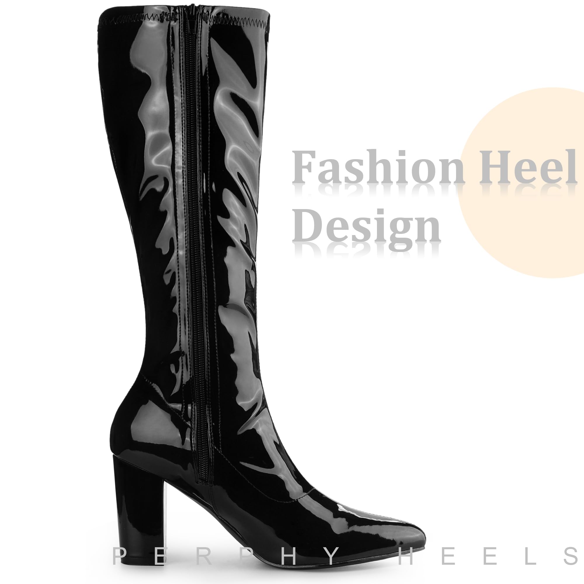 Perphy Women's Knee High Go Go Boots - Patent Leather Chunky Heel Fashion Boots for Party, Night Out & Retro Style Outfits