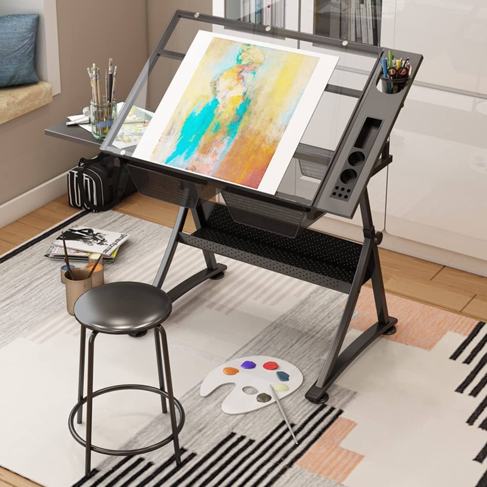 Adjustable Height Glass Top Drafting Desk with Storage - Tiltable Art & Craft Table for Home Office, Studio & Workspace - Perfect for Drawing, Painting, Writing & Design Projects
