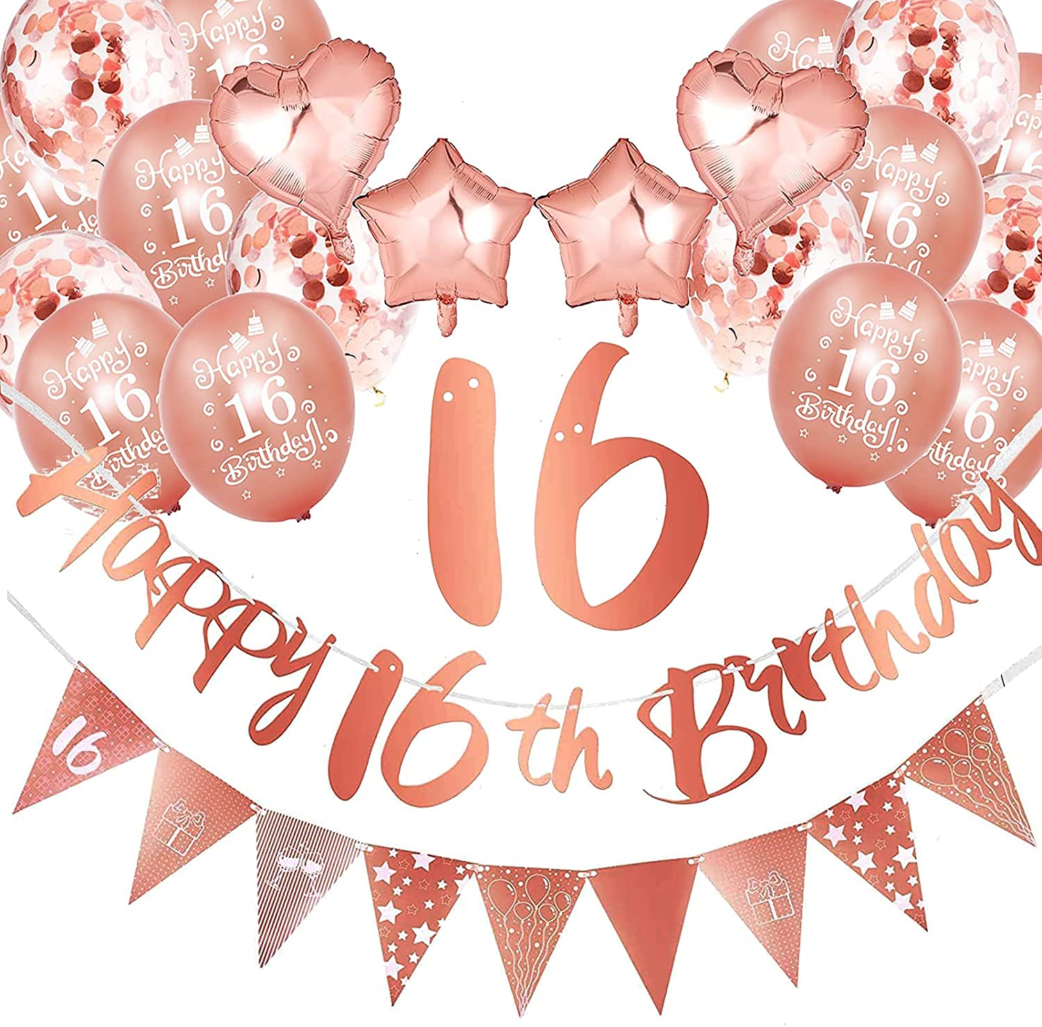 Sweet 16 Birthday Decorations Kit - Rose Gold Personalized Foil Balloons, Banner & Ribbon (25 Pcs) | 16th Birthday Party Supplies for Girls, Women & Friends | Perfect for Sweet Sixteen Celebrations, Birthday Gifts & Special Occasions