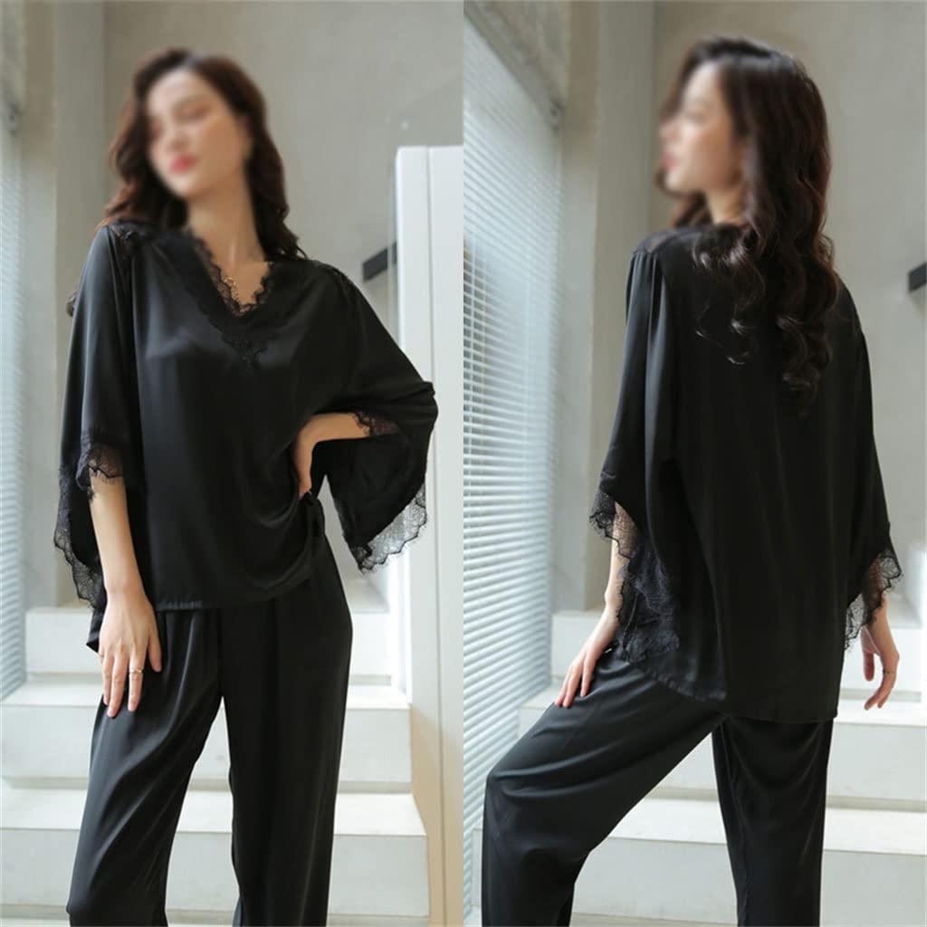 Silk Pajama Set for Women - Sexy Lace Sleepwear & Lounge Wear - 2 Piece Pajama Set with Sleep Tops - Soft Comfortable House Clothing (Black, Medium) - Perfect for Bedtime, Relaxing at Home, and Romantic Nights
