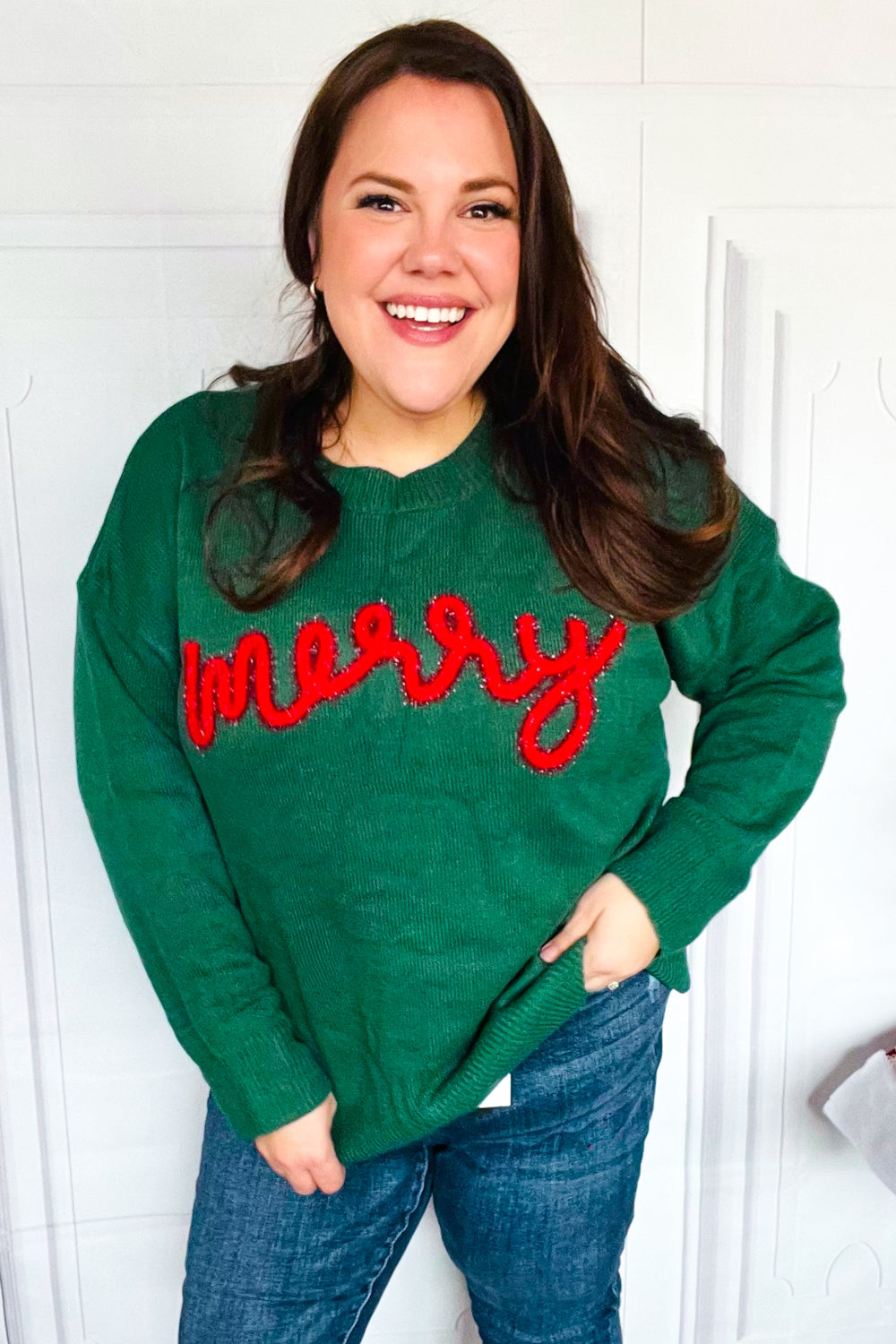 Be Merry Hunter Green Pop Up Lurex Sweater - Festive Holiday Knitwear for Women | Perfect for Christmas Parties & Winter Gatherings