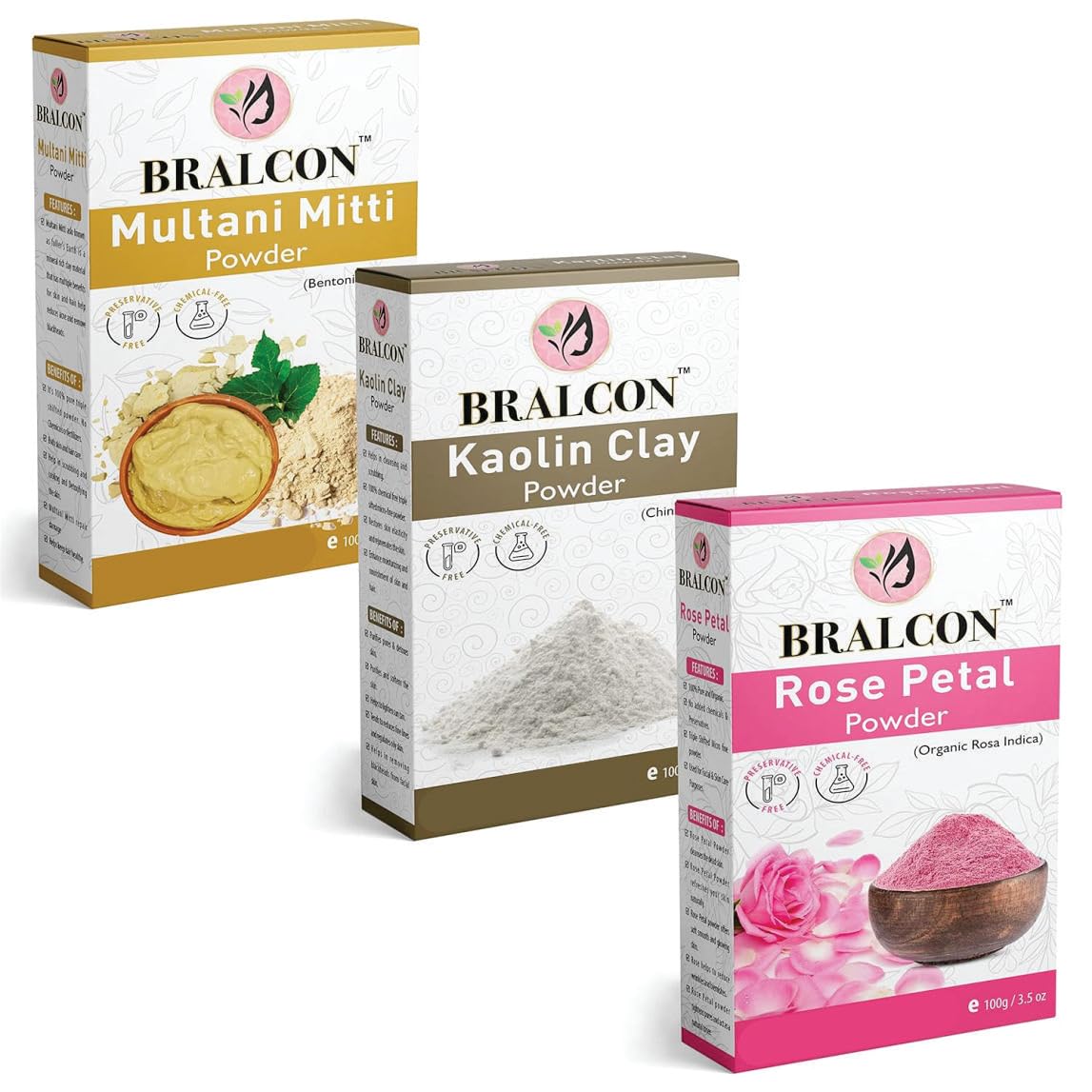 BRALCON Organic Multani Mitti, Kaolin Clay, Rose Powder Combo - 300g (100g x 3 Pack) | Natural Face Mask Powder for Skin Brightening, Glowing Complexion & Blackhead Removal | Perfect for DIY Spa, Facial Treatments & At-Home Skincare Routine