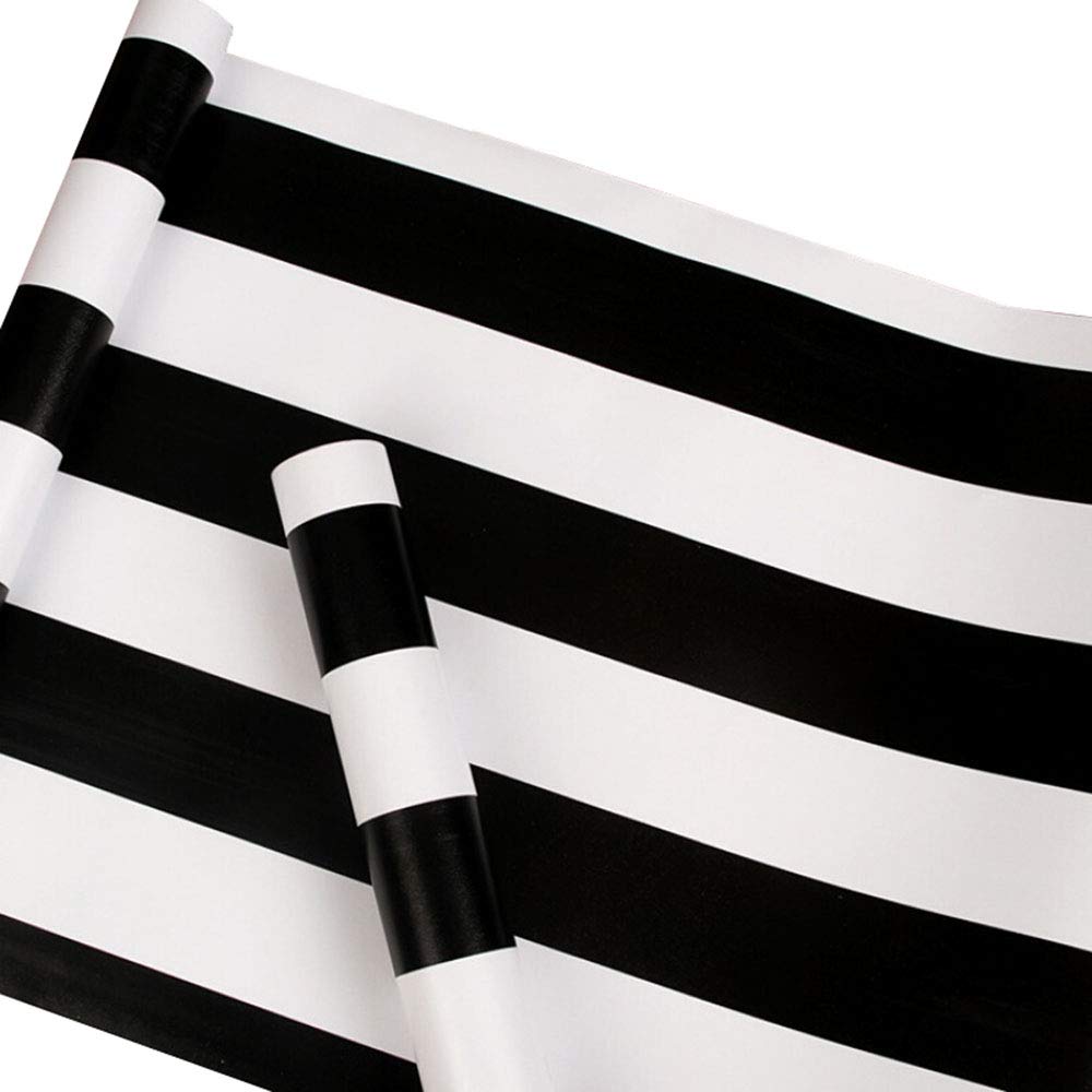 Black and White Striped Peel and Stick Wallpaper - Self Adhesive Vinyl Contact Paper for Cabinets, Drawers, Shelves & Furniture (17.7x117 Inches) - Easy Removable Decorative Liner for Home & Office Décor