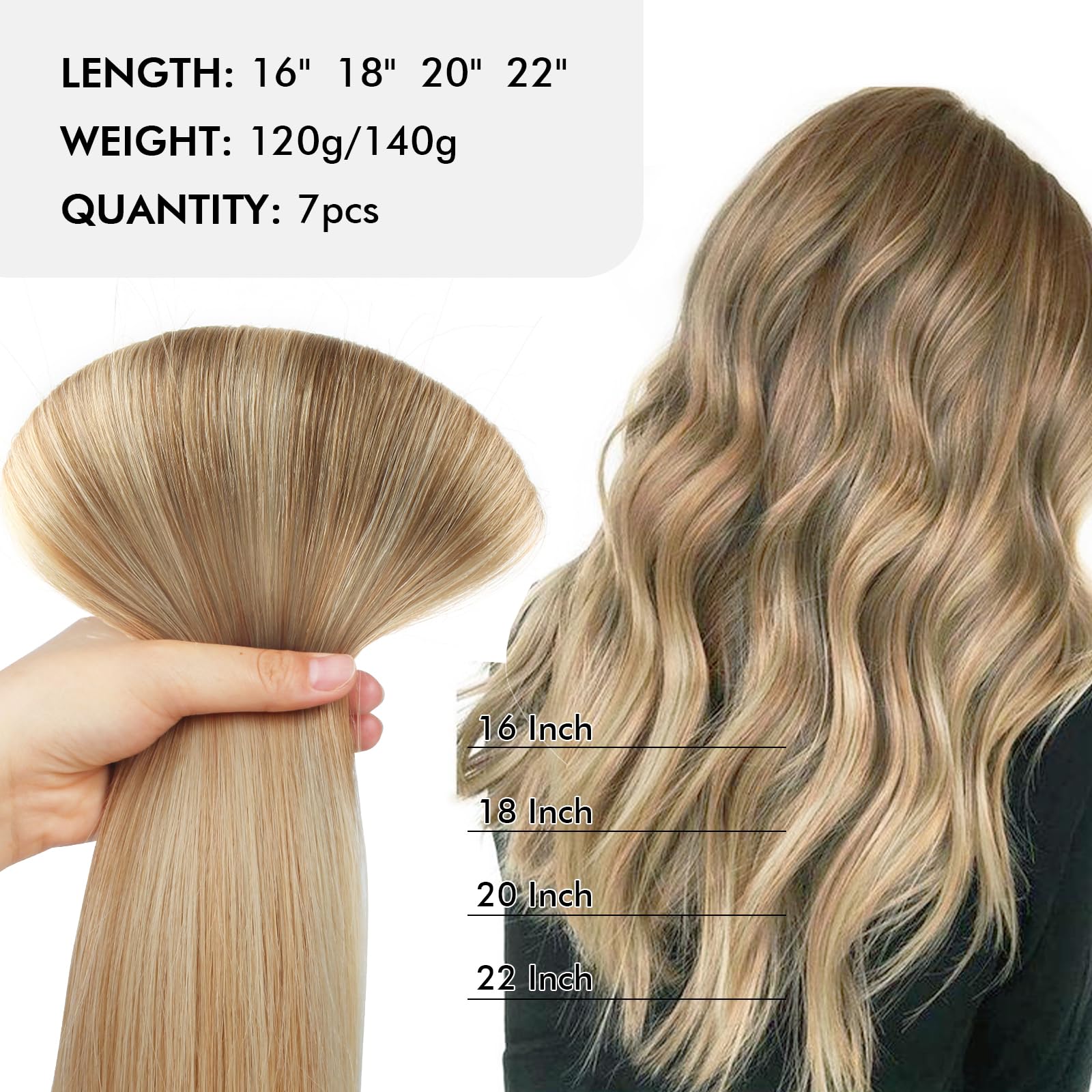 Sixstarhair Remy Human Hair Extensions Clip-In 16inch Balayage Ash Brown to Dirty Blonde & Ash Blonde 140g Full Pack [B8-18-60#] - Perfect for Parties, Weddings & Everyday Styling