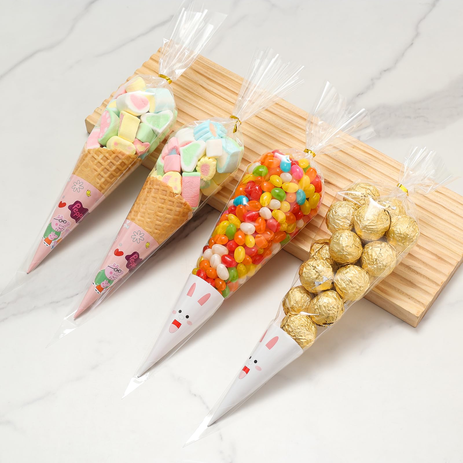 SUREHOME 100-Pack Clear Cellophane Cone Shaped Treat Bags with Ties (7x15 Inches) - Bulk Triangle Plastic Bags for Popcorn, Candy, Snacks, Party Favors & Gift Wrapping - Perfect for Birthday Parties, Halloween, Christmas & School Events