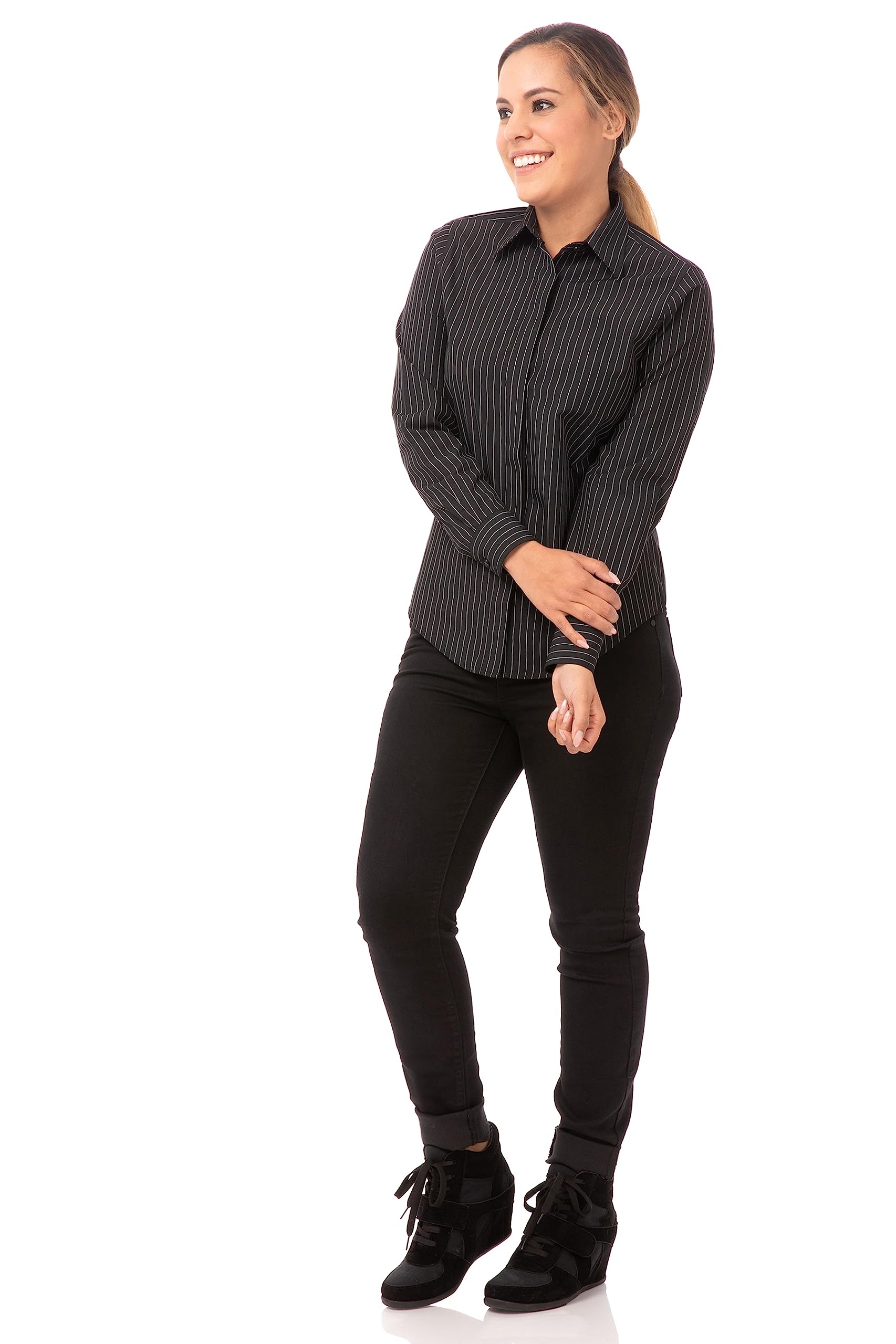 Chef Works Women's Long Sleeve Onyx Black Dress Shirt - Professional Kitchen & Office Wear for Female Chefs & Waitresses