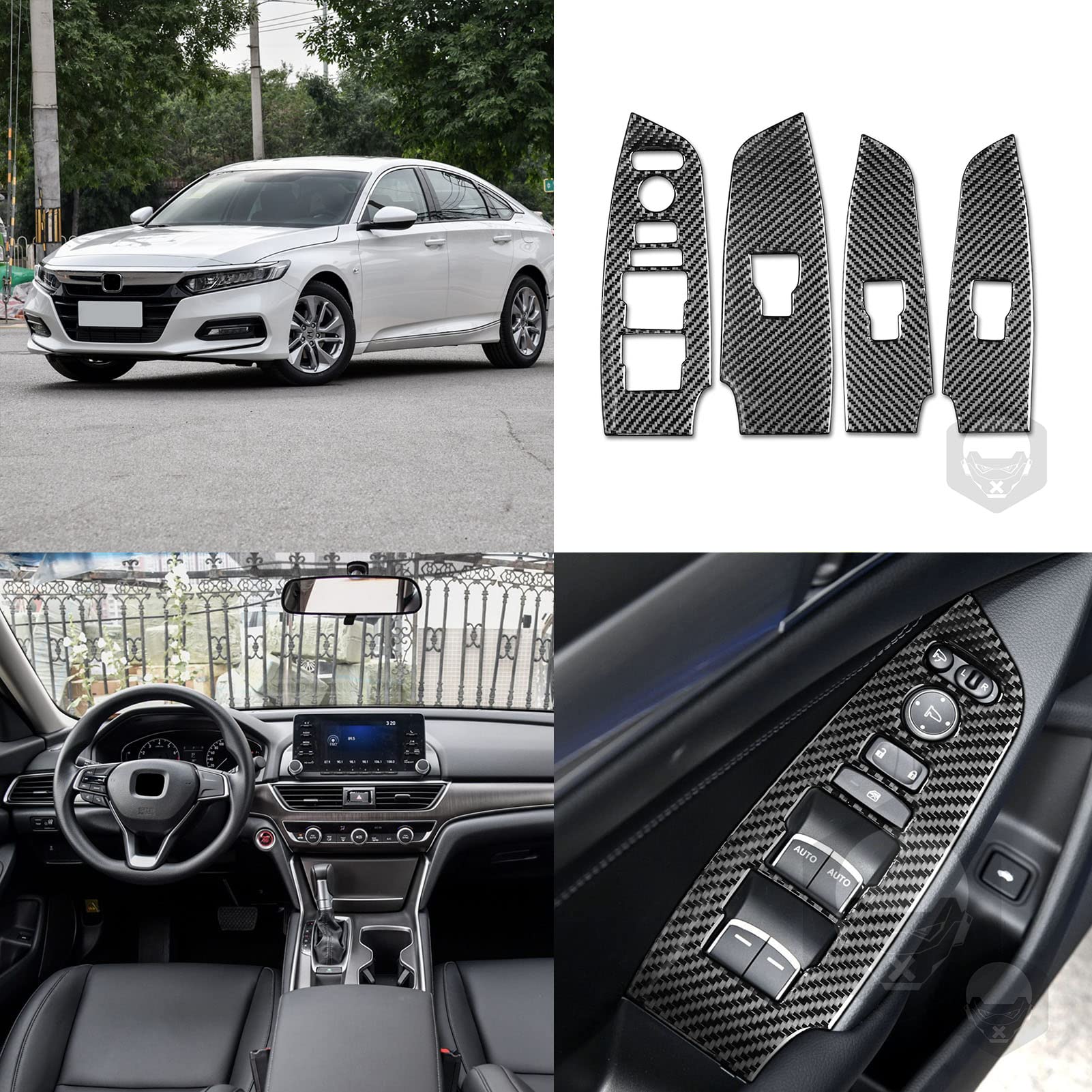 Carbon Fiber Window Switch Panel Cover for 2018-2021 Honda Accord 10th Gen - 4pc Interior Trim Set (Left Hand Drive, Black) | Upgrade Your Car Interior with Stylish Accessories for Enhanced Driving Experience