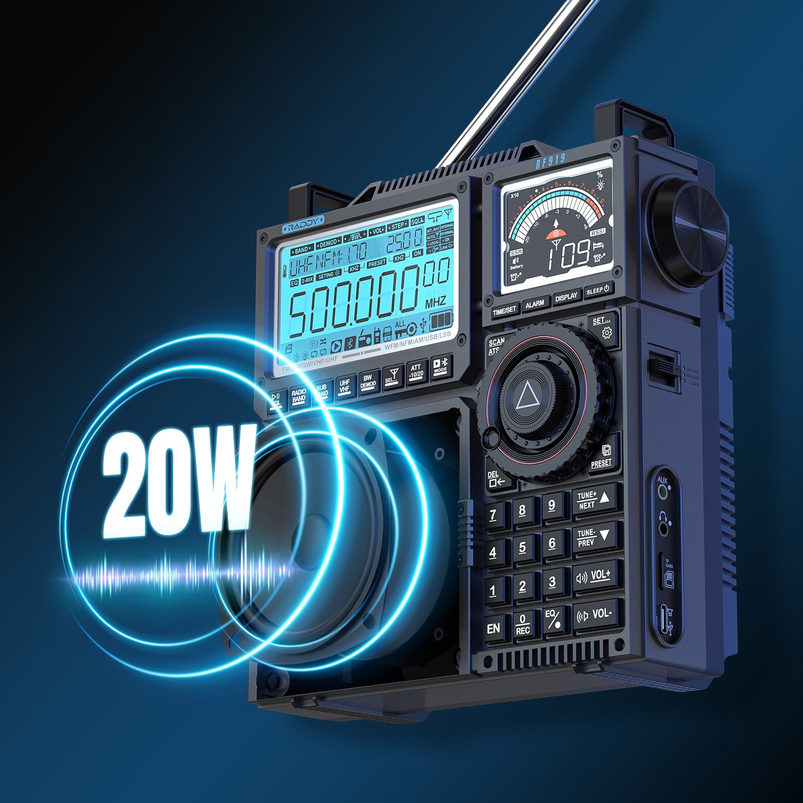 Raddy RF919 Shortwave Radio - Full Band Receiver with SSB, 20W Bluetooth 5.1, APP Remote Control, Antenna Tuner & 5000mAh Battery | Dual Screen Display for Emergency Communication, Outdoor Adventures & Ham Radio Enthusiasts
