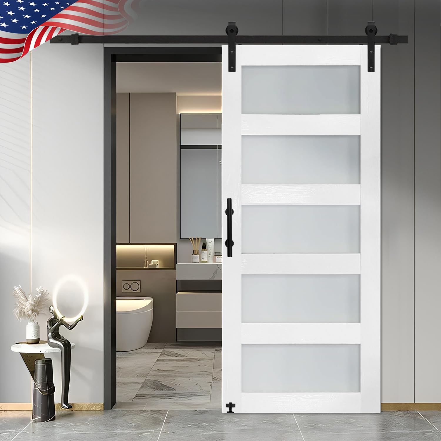 S&Z TOPHAND® 36x84 Inch Frosted Glass Sliding Barn Door with Hardware Kit - 5 Tempered Glass Panels, Waterproof PVC Surface, Easy DIY Installation for Bedroom, Closet, or Office Partition
