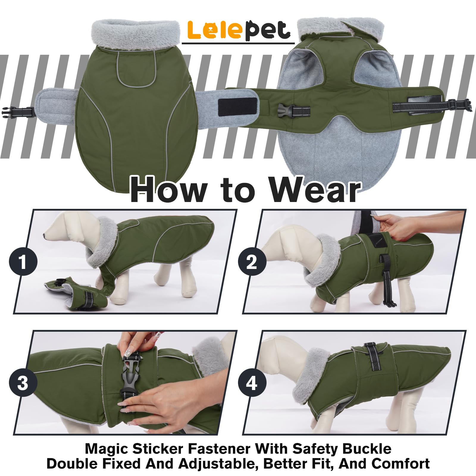 Lelepet Reflective Waterproof Dog Jacket - Windproof Fleece Vest for Large Dogs, Adjustable Buckle Winter Coat for Cold Weather & Snow - Perfect for Outdoor Walks, Hiking, and Winter Adventures