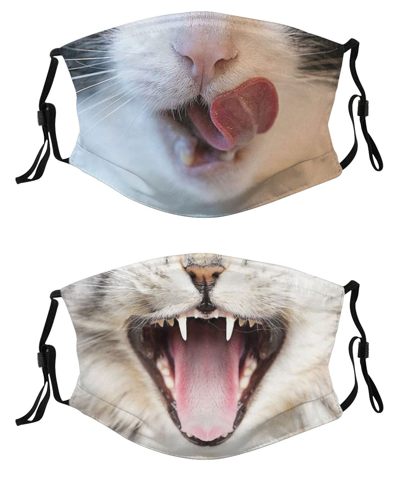 2-Pack Funny Cute Cat Mouth Face Masks - Reusable, Washable & Adjustable Bandana Masks for Adults (Men & Women) with 2 Filters - Perfect for Halloween, Cosplay, Parties & Outdoor Activities
