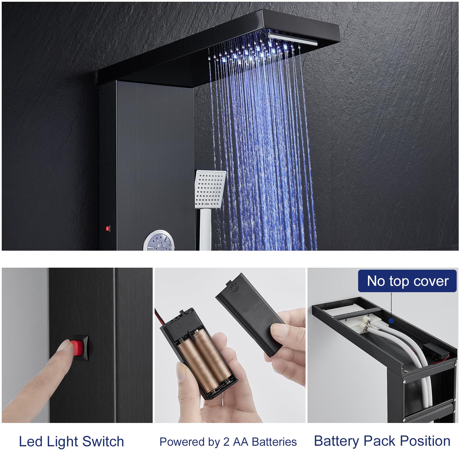 ROVATE 5-in-1 LED Shower Panel Tower System - Black Stainless Steel High Pressure Shower Column with Rainfall Showerhead, Waterfall, Body Jets & Handheld Sprayer + Tub Spout | Perfect for Modern Bathroom Renovation & Spa-Like Shower Experience