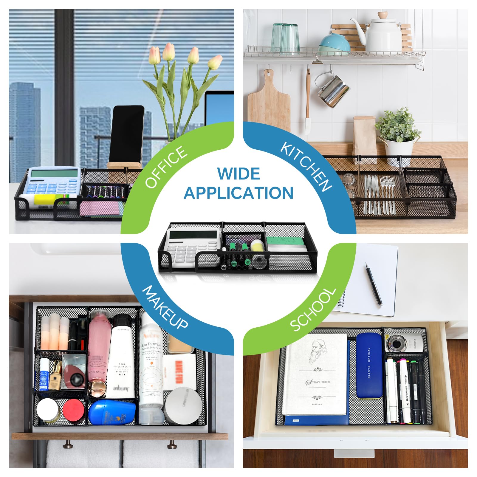 Metal Mesh Desk Drawer Organizer Tray - 7 Adjustable Compartments Office & School Supplies Organizer - Perfect for Home Office, School, and Workspace Organization (Black)