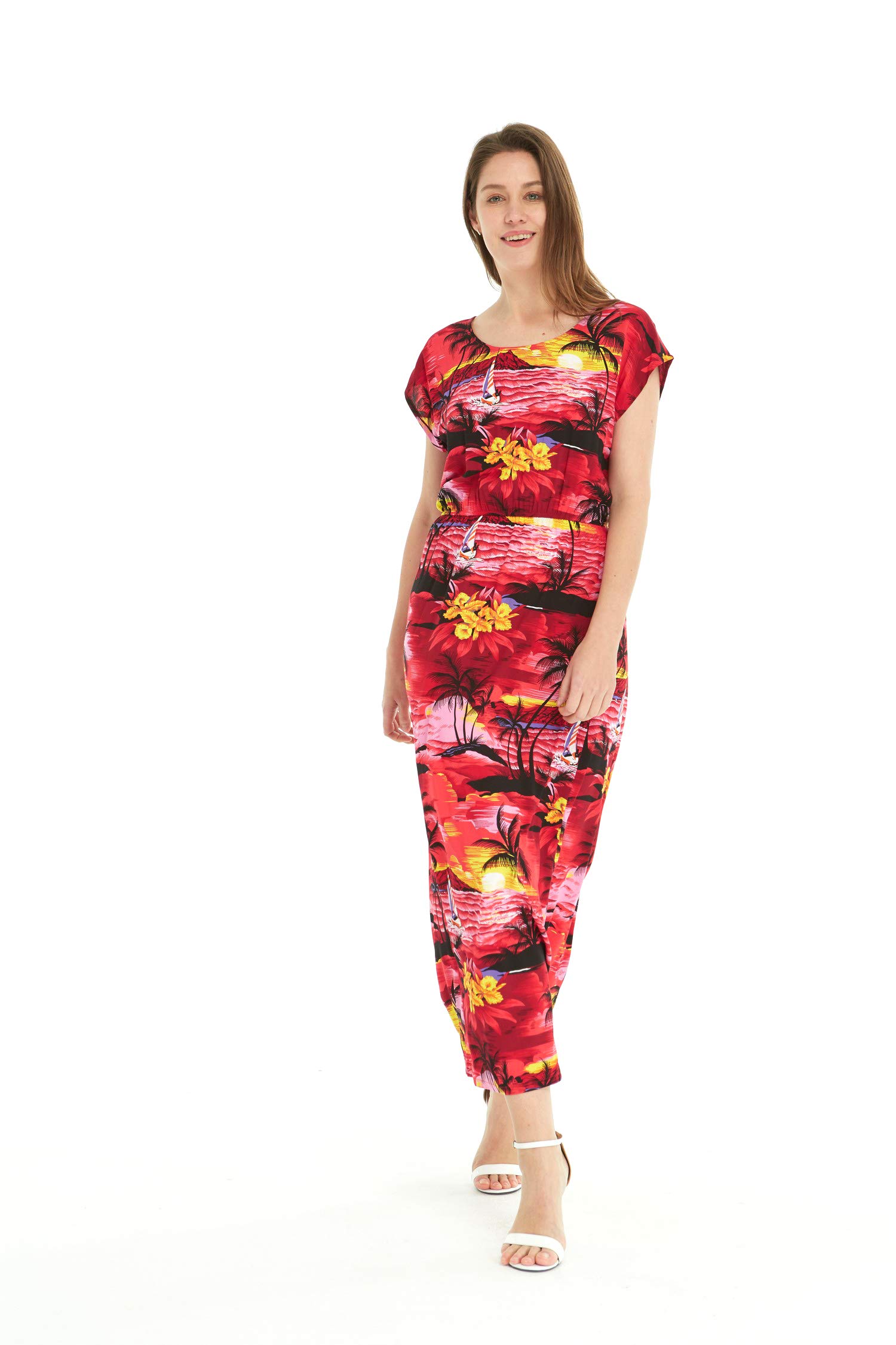 Women's Hawaiian Luau Cap Sleeve Maxi Dress - Floral Sunset Print Beach Party Dress for Summer Vacation, Poolside Wear & Tropical Getaways