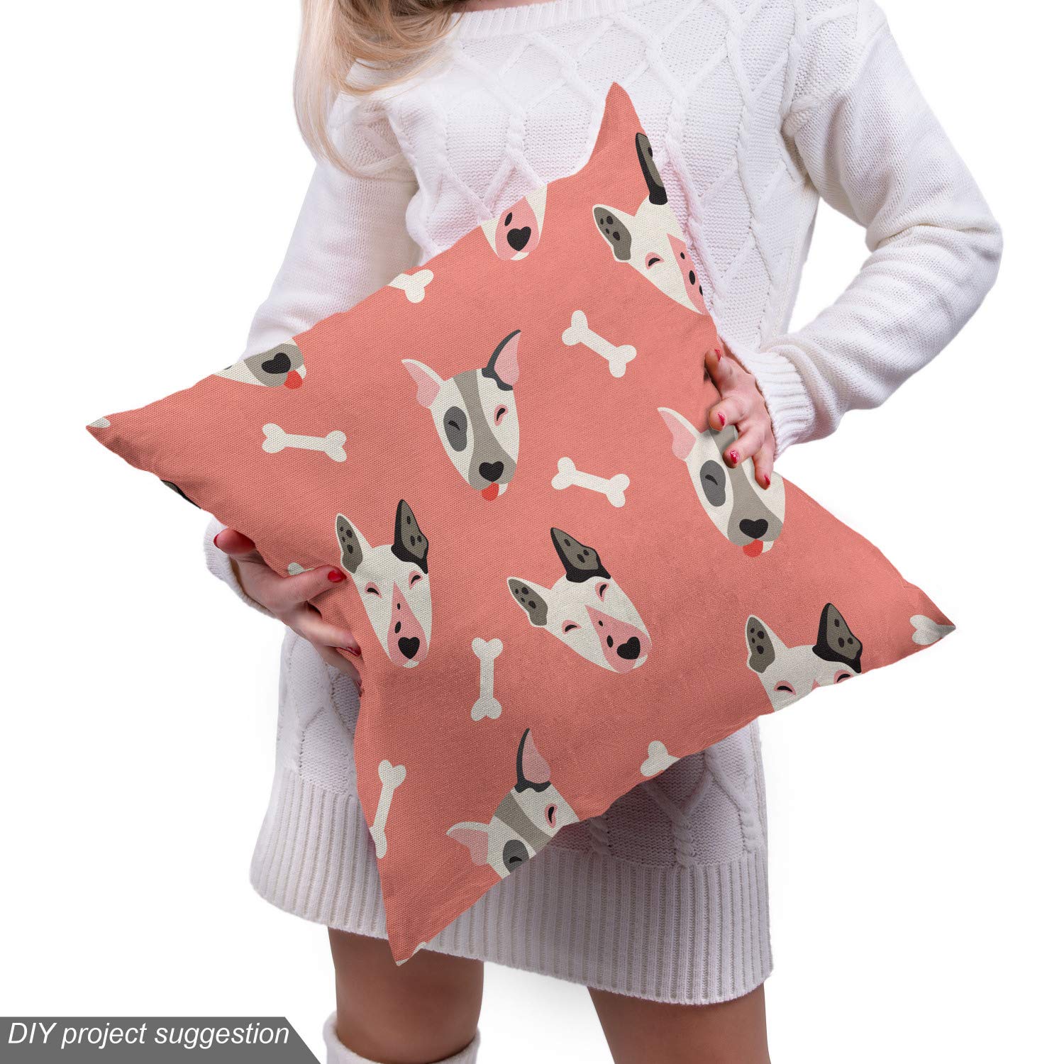 Ambesonne Playful Bull Terrier Dog Faces Cartoon Fabric by The Yard - 1 Yard Coral Off White Upholstery Material for DIY Home Decor, Pet Lover Gifts & Nursery Accents | Perfect for Pillows, Curtains & Craft Projects