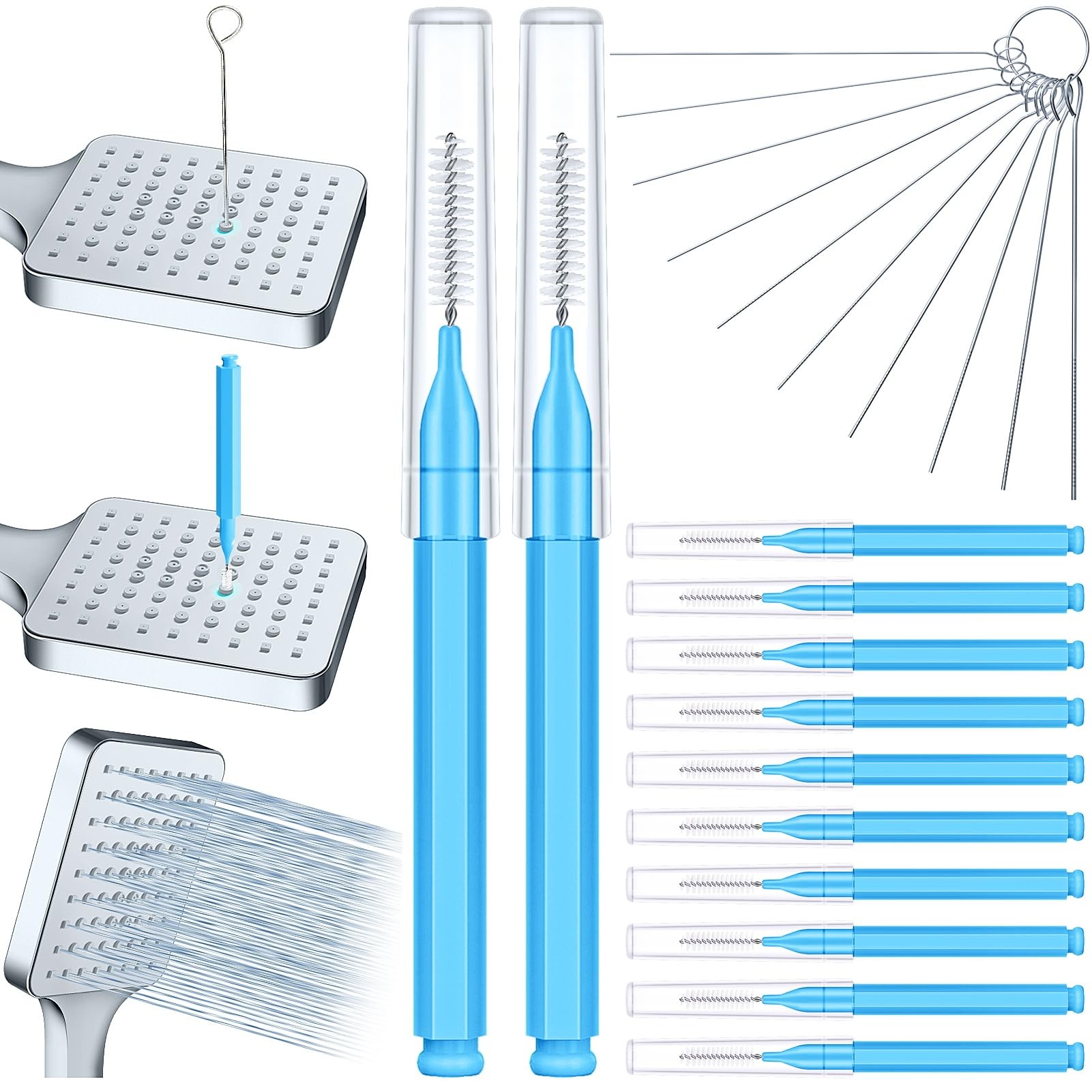 **Multi-Functional Shower Head Cleaner Tool – Small Hole Brush & Picks for Nozzle Gaps – Deep Cleaning for Hard Water Stains & Mineral Deposits – Perfect for Bathroom, Kitchen, and RV Showerheads (Blue)**