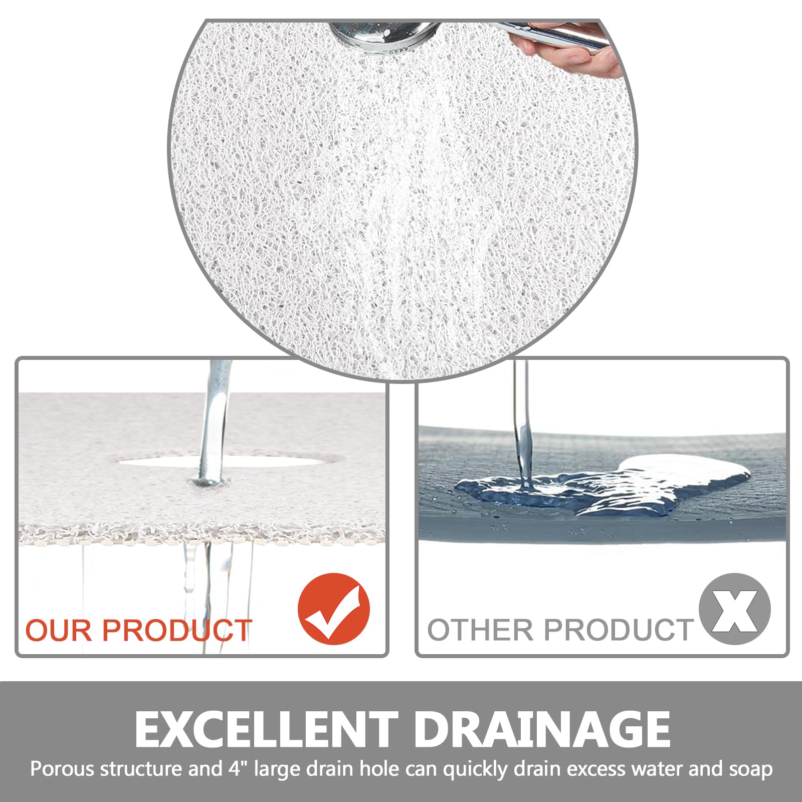 Non-Slip Square Shower Mat 27x27 Inch - Extra Large Loofah Bath Mat for Shower Stall with Drain Hole | Anti-Skid Bathroom Floor Mat for Safety & Comfort - Perfect for Tiled Showers, Bathtubs & Wet Areas