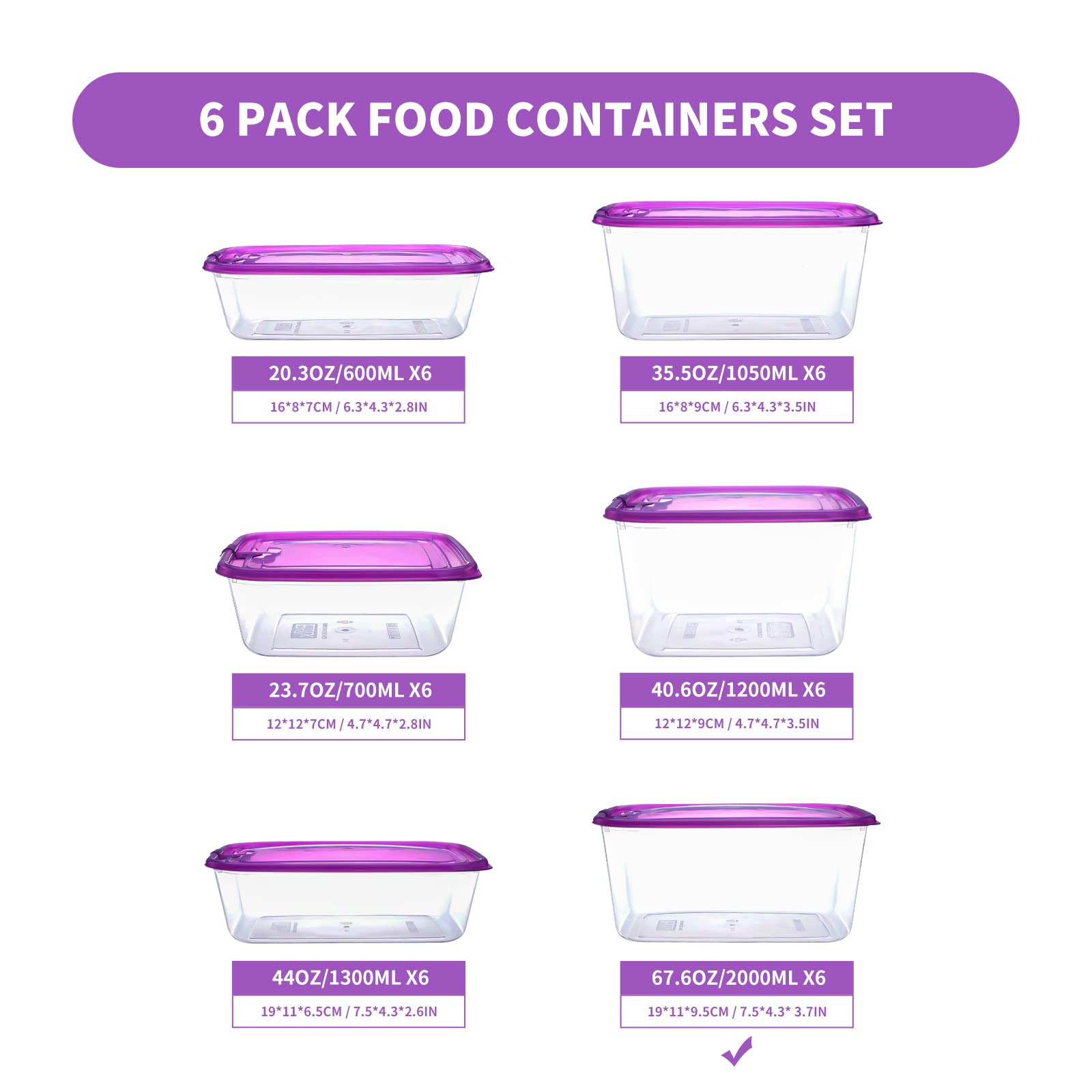 KIGI 6-Pack Airtight Plastic Food Storage Containers with Lids - Square Meal Prep Containers, Bento Box & To-Go Containers for Lunch, Leftovers & Kitchen Organization (BPA-Free, Stackable) - Perfect for Meal Prepping, Office Lunch & Food Storage