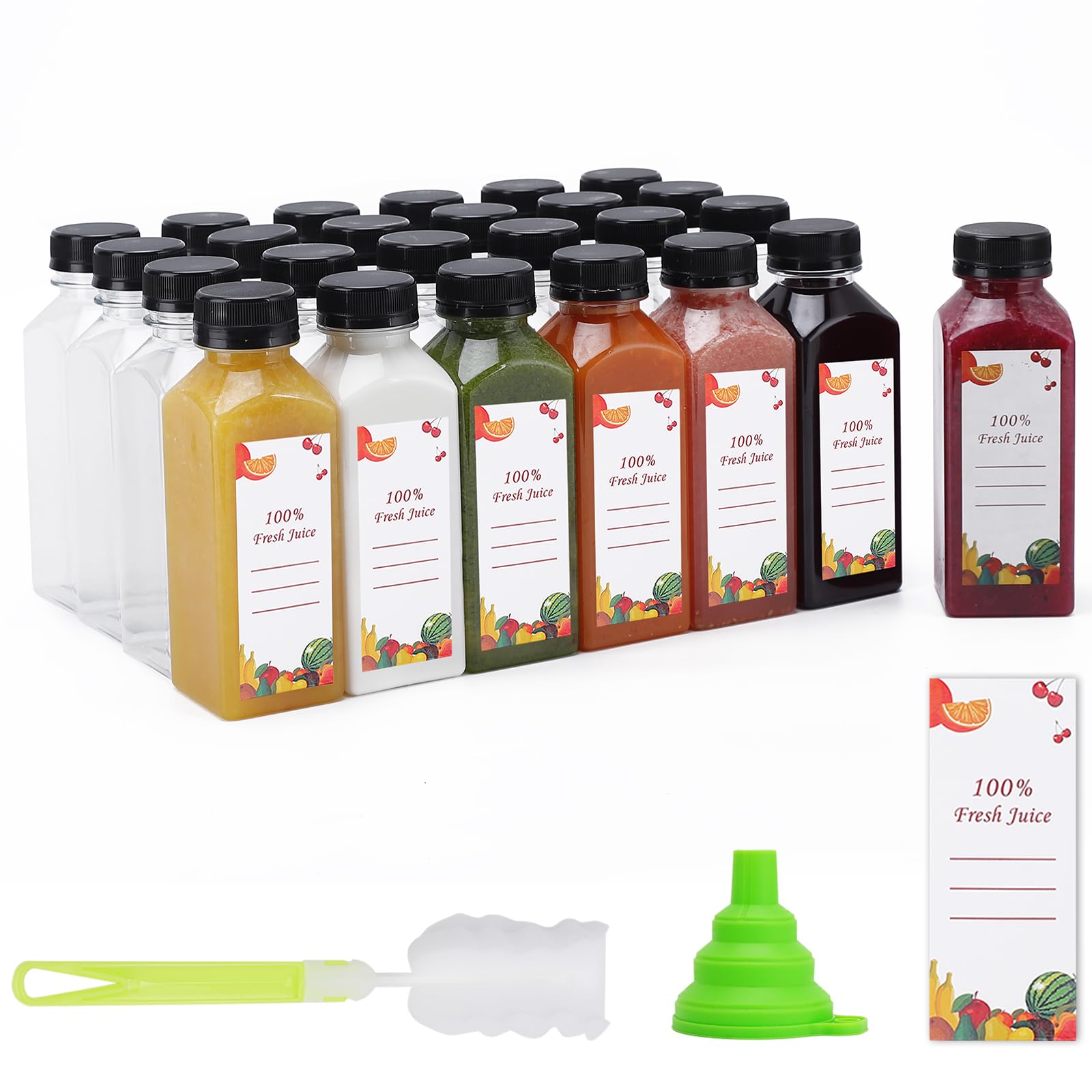 150 Pack 12 oz Clear Plastic Juice Bottles with Caps - Reusable Empty Water Bottles for Drinking, Juicing, Smoothies - Includes 2 Brushes, 2 Funnels & 160 Stickers - Perfect for Home, Parties, Restaurants & Meal Prep