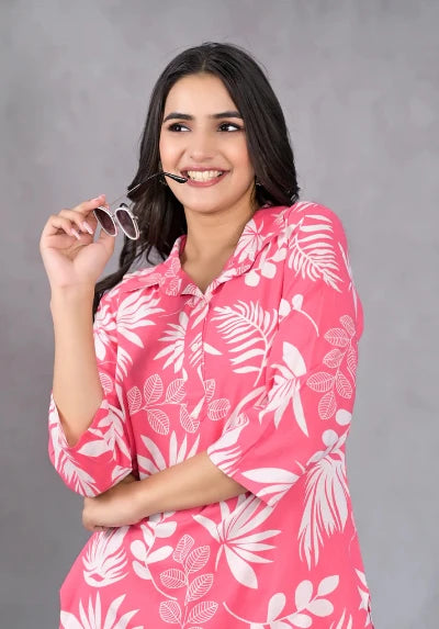 Palm Pink Printed Co-Ord Set for Women | Trendy Matching Outfit | UK Next Day Delivery | Perfect for Beach Vacations & Summer Parties