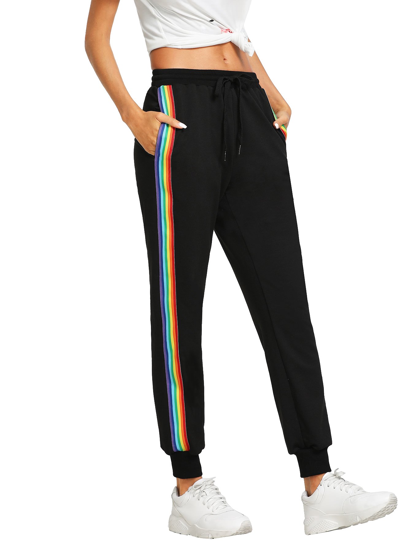 SweatyRocks Women's High Waist Striped Jogger Sweatpants with Drawstring & Pockets - Casual Lounge, Yoga, Running, Workout Pants