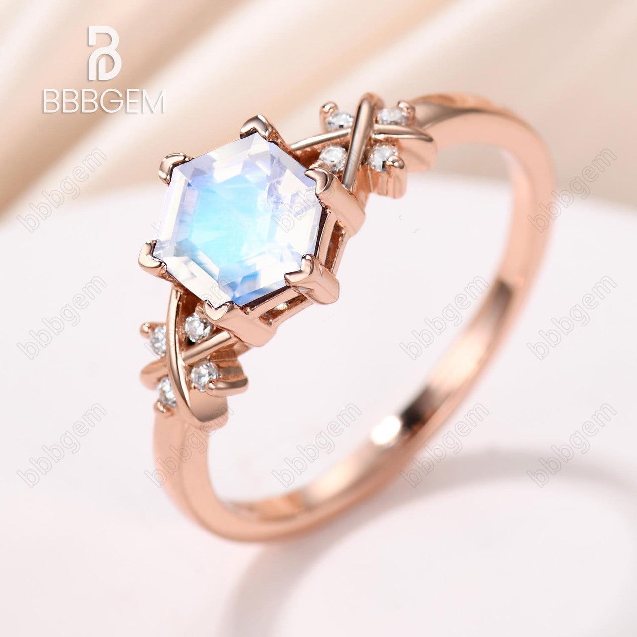 Art Deco Hexagon Moonstone Engagement Ring - Rose Gold Solid Vintage Wedding Band for Women, Perfect for Bridal, Anniversary, and Boho Jewelry Lovers