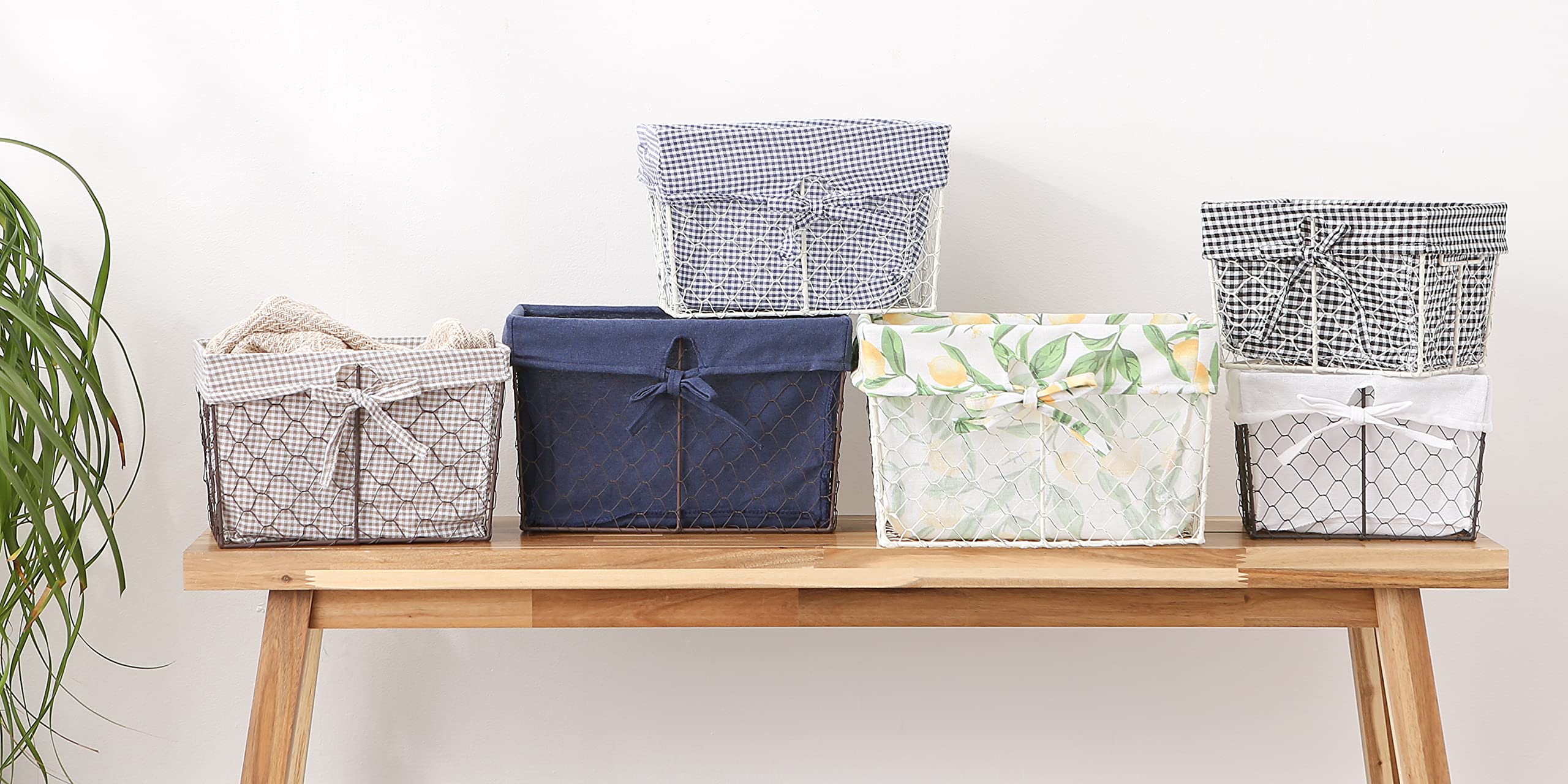 DII Farmhouse Chicken Wire Storage Baskets with Liner - Small 9x7x6 Inches, 3-Piece Set in Antique Black & White Gingham Check - Perfect for Kitchen, Bathroom, and Home Organization