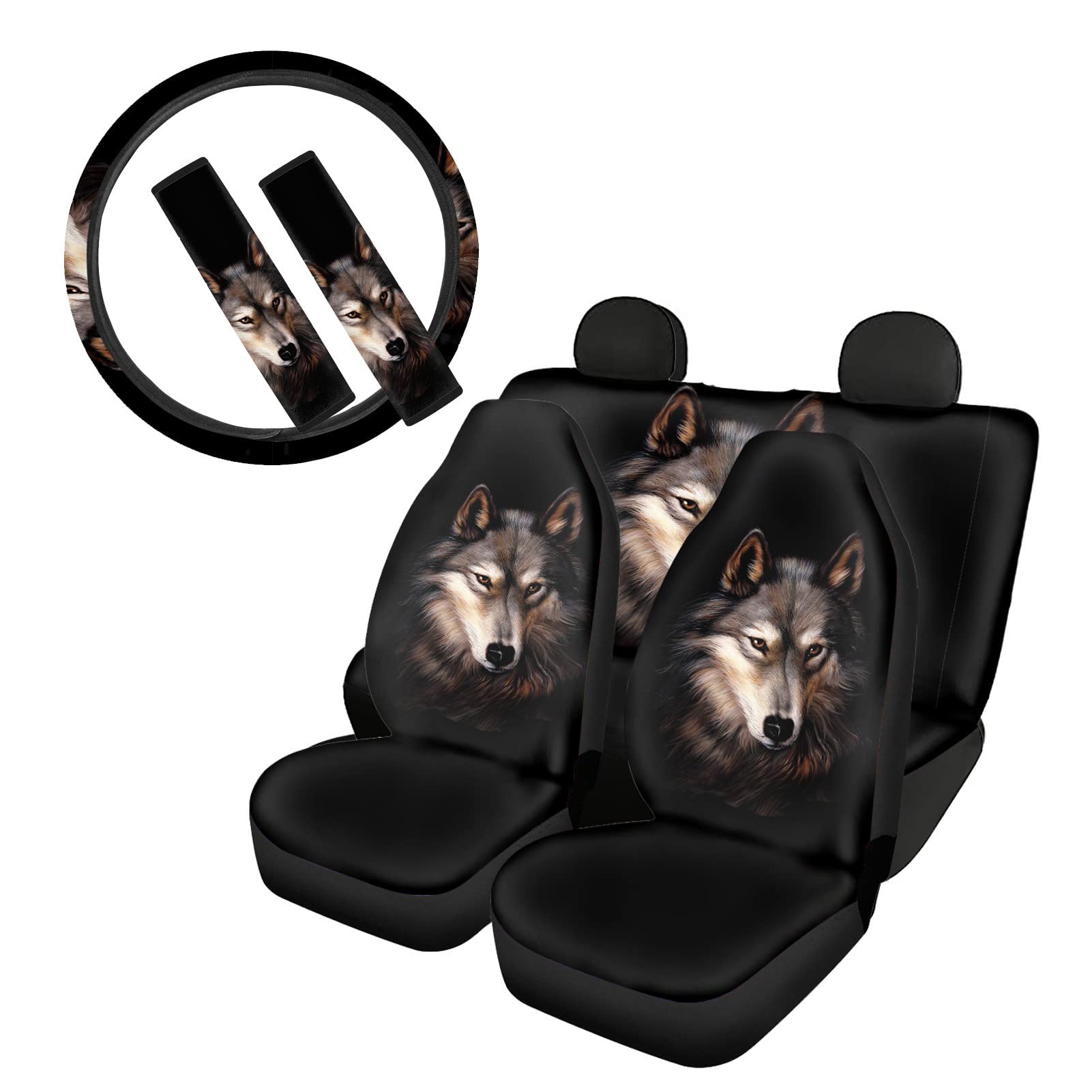 Premium Grey Wolf Pattern Car Seat Covers Set - 7PCS Full Car Interior Accessories with Seatbelt Covers & 15