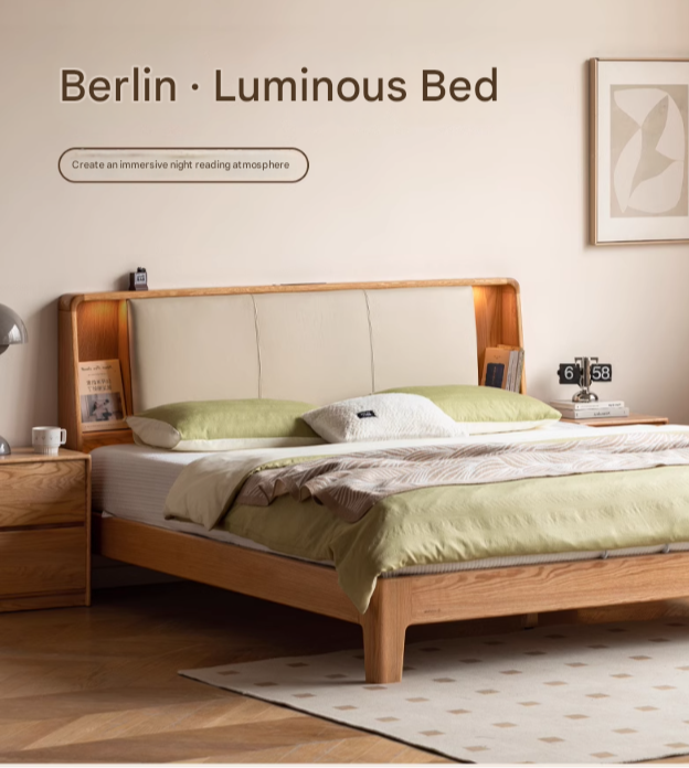 Solid Oak Wood Leather & Fabric Luminous Bed with Shelf - Modern Platform Bed Frame with Storage for Bedroom, Guest Room, or Dorm