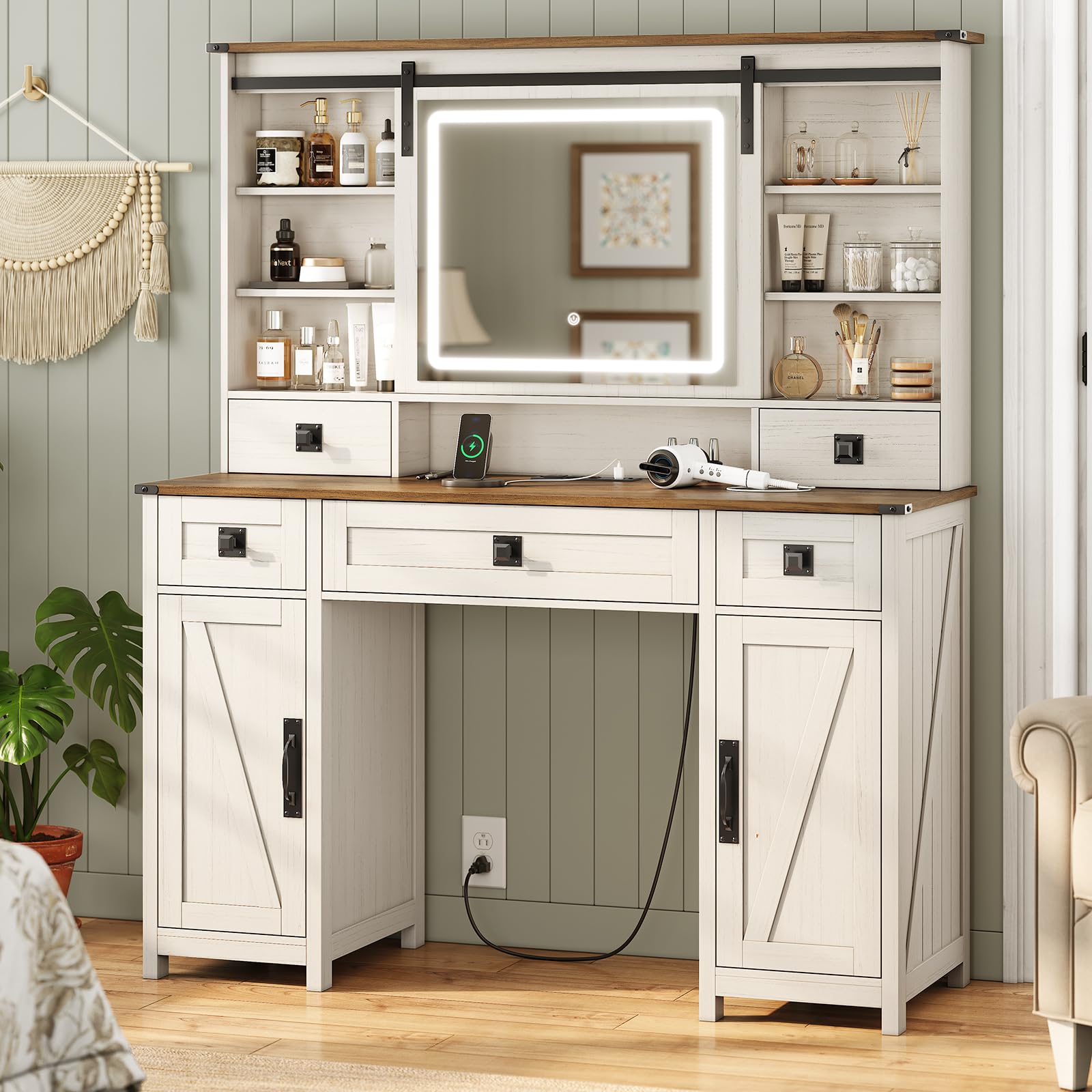 AOGLLATI Farmhouse Vanity Desk with Mirror & LED Lights - Large White Makeup Vanity Table with USB Charging Station, Ample Storage & Sliding Mirror - Perfect for Bedroom, Dressing Room & Bridal Makeup (Antique White)
