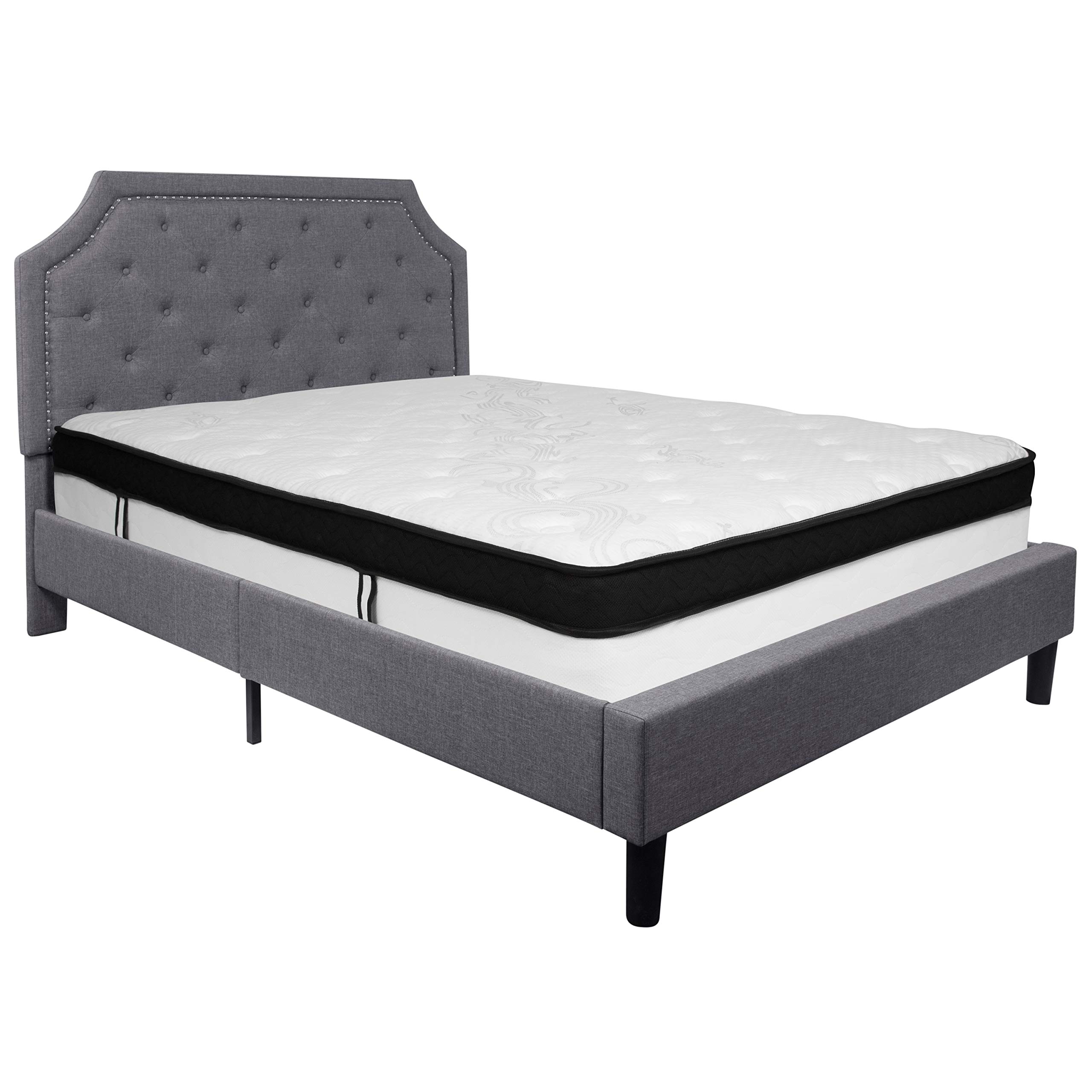 Emma & Oliver Queen Size Arched Tufted Platform Bed with Memory Foam Mattress - Light Gray Fabric Upholstered Bed Frame for Modern Bedroom Decor