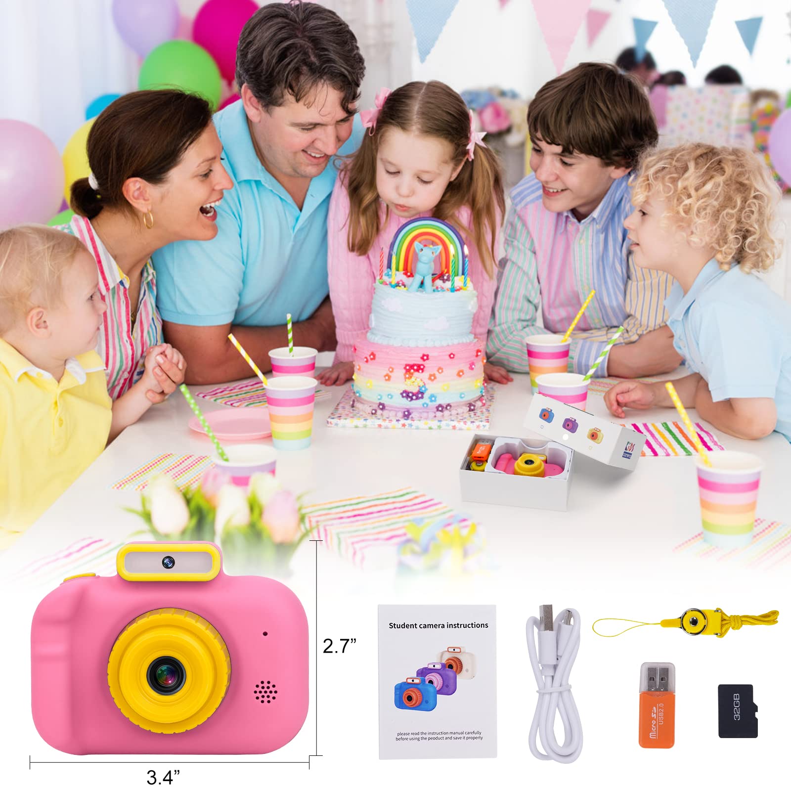 Pink Kids Digital Camera for Girls Age 3-9 - HD Video Recorder with 32GB SD Card, Toddler Selfie Camera, Portable Birthday Gift for 3 4 5 6 7 8 Year Olds - Perfect for Travel, Parties & Outdoor Adventures