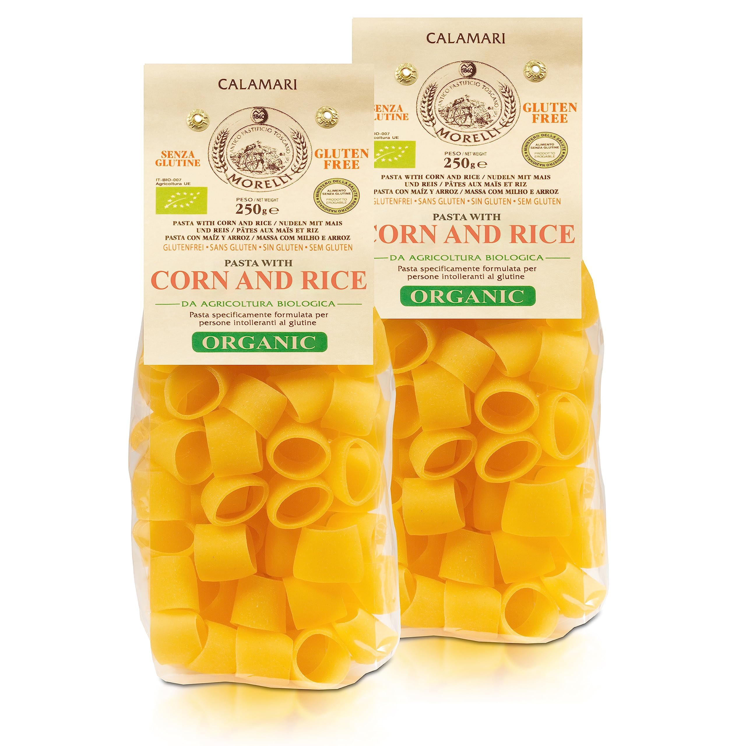Organic Morelli Mezzi Paccheri Pasta - Gluten-Free Italian Gourmet Large Circle Pasta from Italy (Corn & Rice) - 8.8 oz (Pack of 2) - Perfect for Stuffing, Pasta Salads, and Authentic Italian Dishes