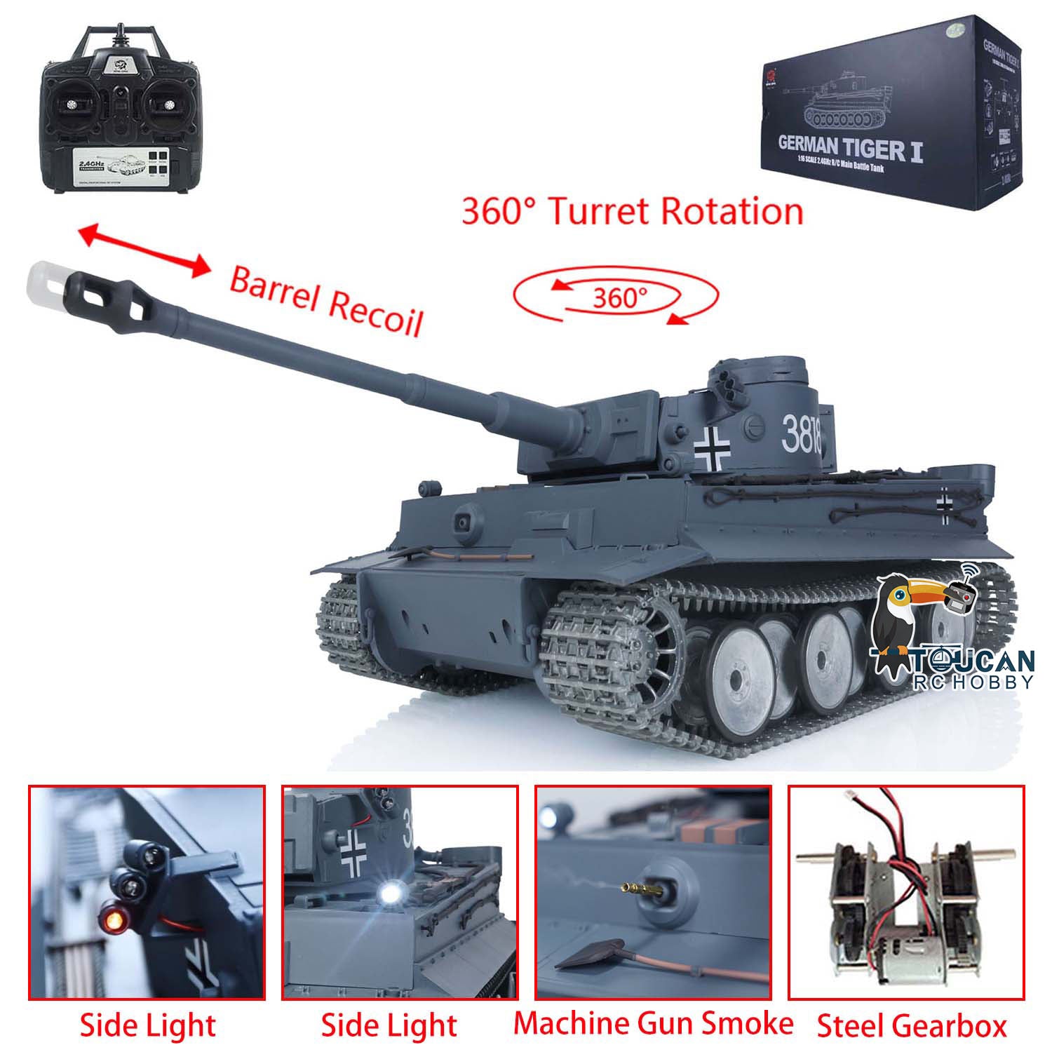 1/16 Henglong Metal RC Tank RTR 3818 - German Tiger I with Barrel Recoil, Track Wheel, Smoking Machine Gun & Side Lights | Ready-to-Run Remote Control Military Model for Collectors & Battle Reenactments
