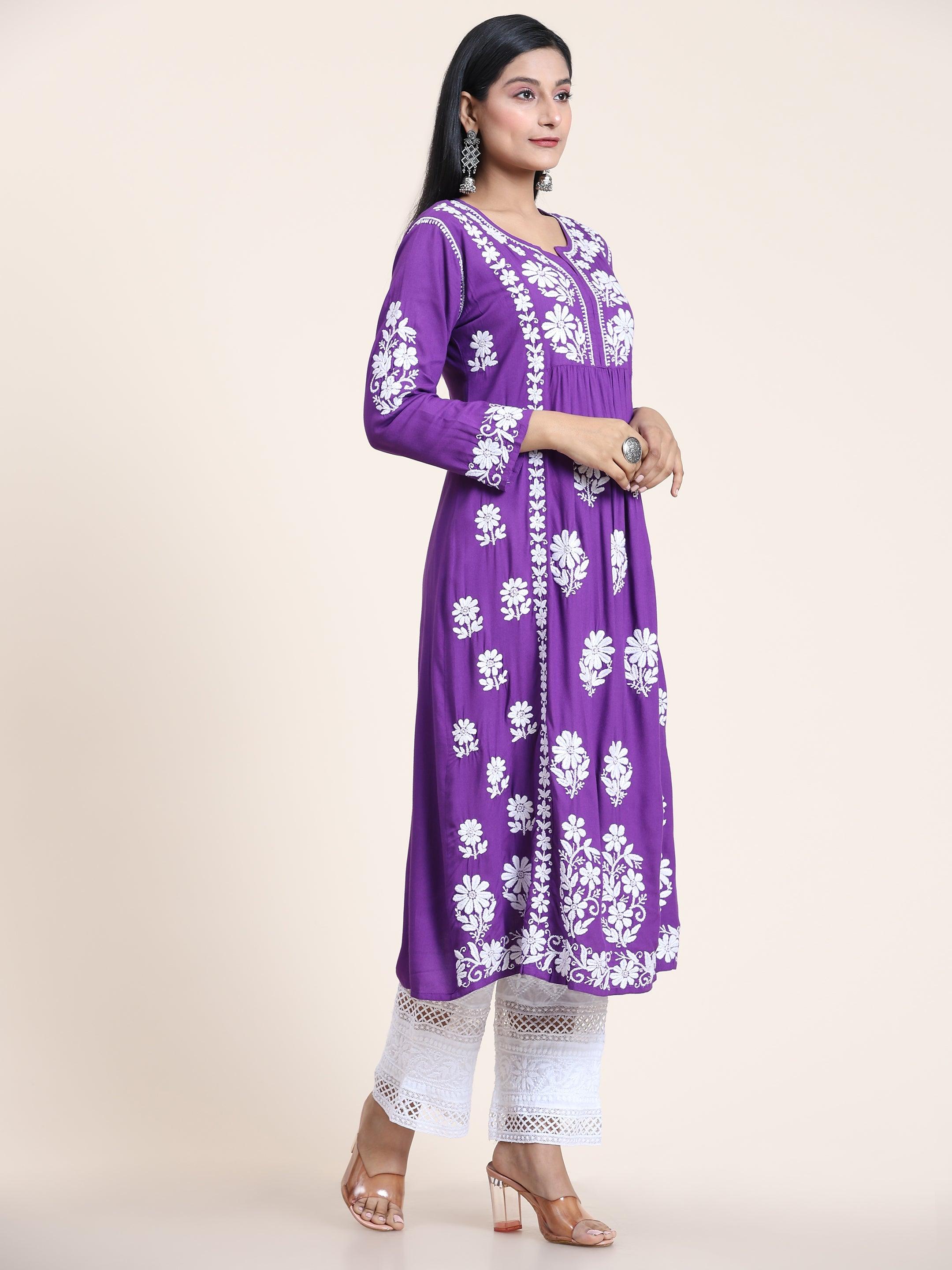 Jiya Jain Chikankari Kurti by House of Kari - Elegant Purple Embroidered Tunic Top for Women | Perfect for Festivals, Weddings & Ethnic Occasions