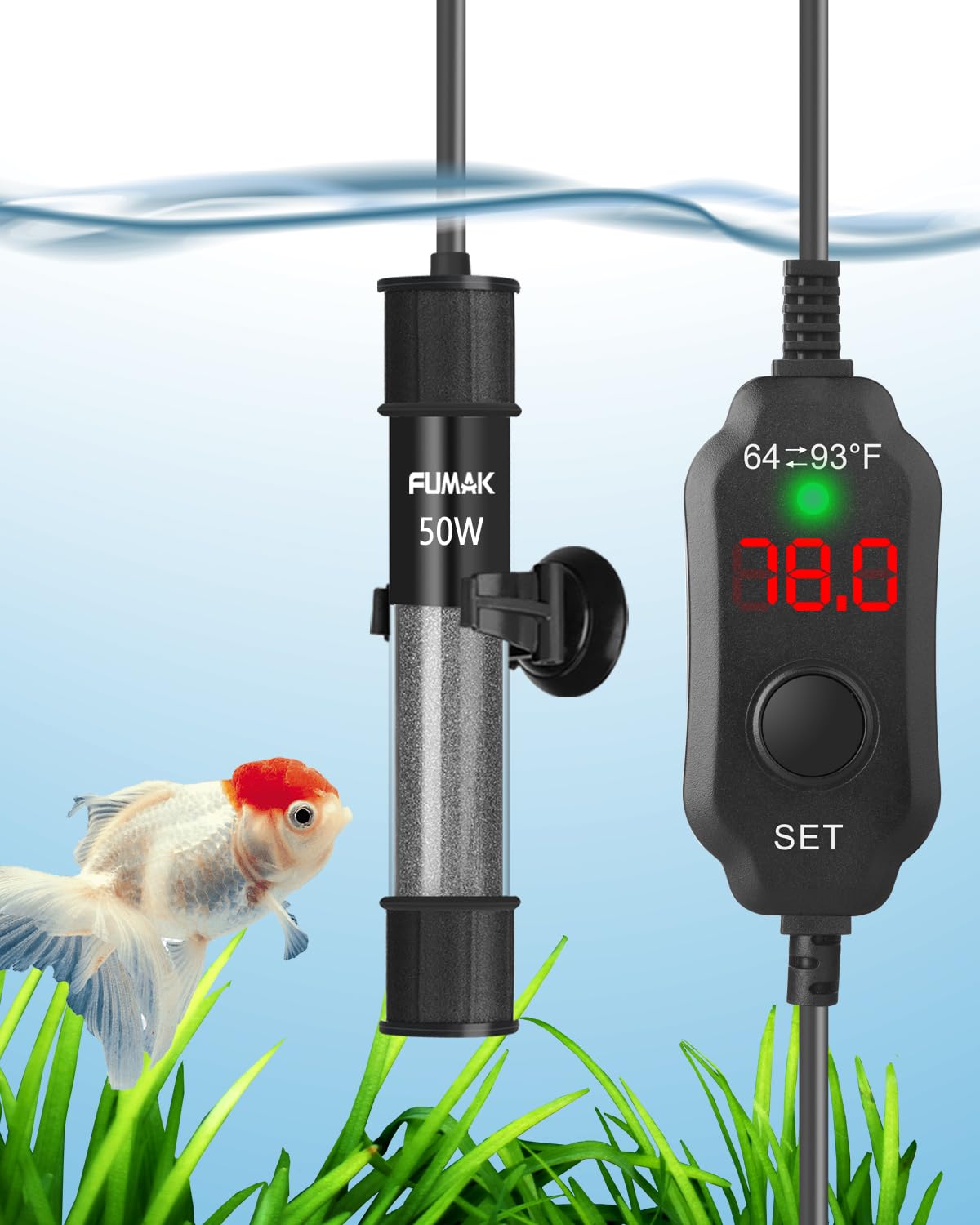 50W Adjustable Aquarium Heater - Super Short Submersible Fish Tank Heater with LED Digital Display Thermostat - Perfect for 5-10 Gallon Tanks - Ideal for Tropical Fish, Betta Tanks & Small Aquariums