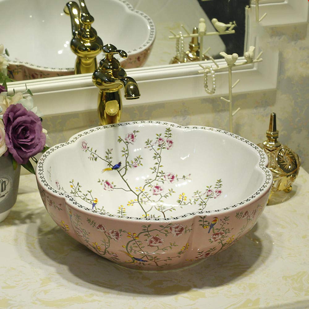 Handmade Ceramic Vessel Sink - Flower-Shaped Art Basin for Bathroom Countertop | Pink Above-Counter Wash Basin | Perfect for Modern Vanities, Powder Rooms & Luxury Home Decor
