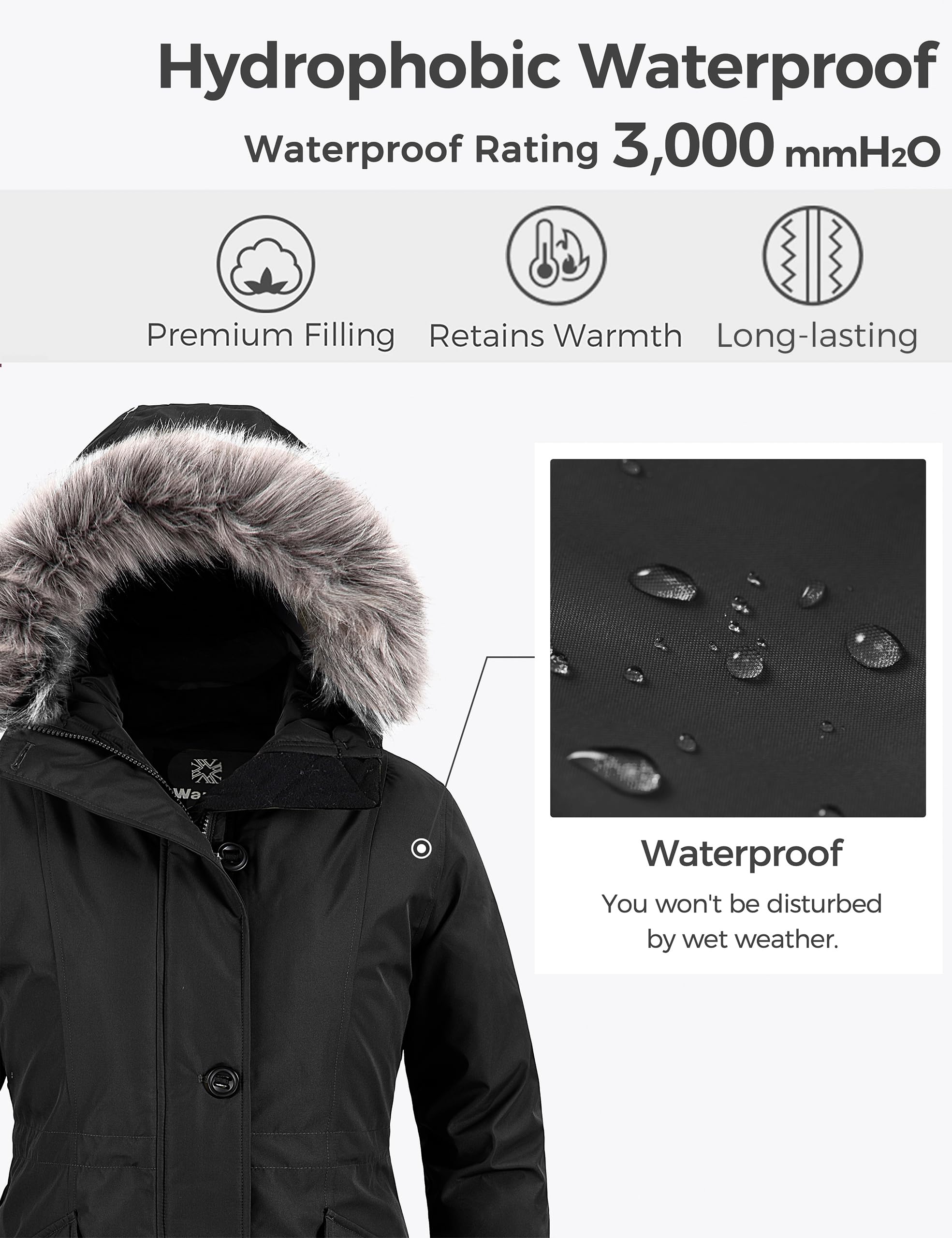 Wantdo Women's Long Puffer Winter Coat with Hood - Waterproof Warm Parka Jacket for Cold Weather - Perfect for Snowboarding, Skiing & Outdoor Activities