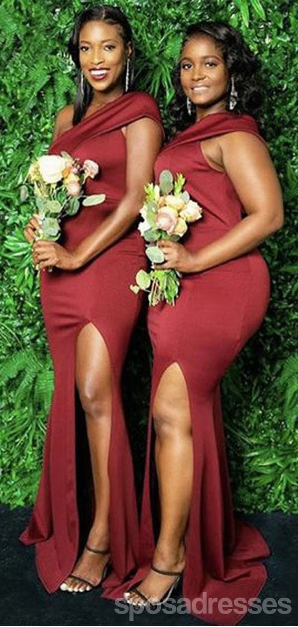 Elegant Dusty Red Mermaid One-Shoulder Side Slit Long Bridesmaid Dress - WG1555 | Perfect for Wedding Parties, Formal Events & Special Occasions